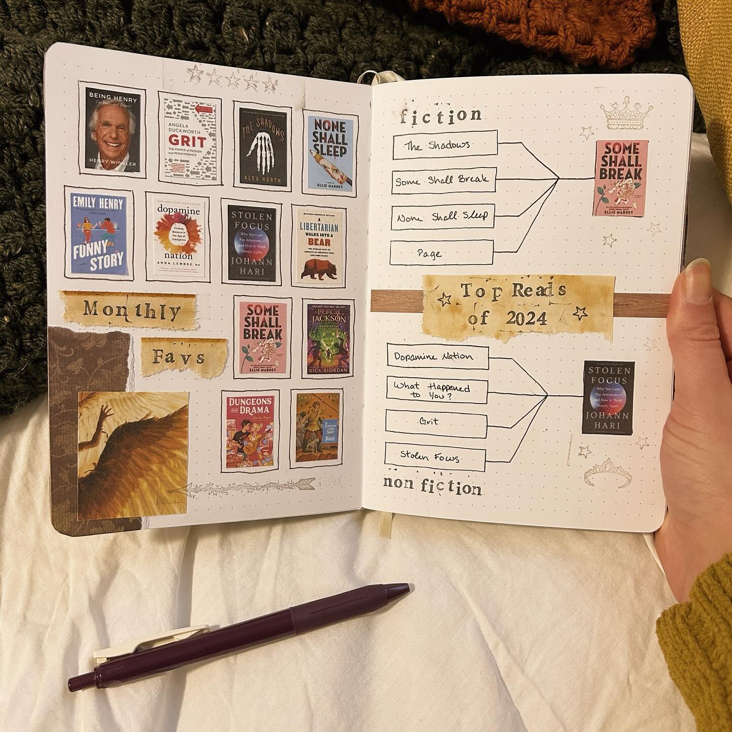 Where were the 5-star books in 2024?? 🤨
My average rating of 4.0 ⭐️ was heavily skewed by my reread of the Lunar Chronicles and some smashing nonfiction (everyone go read Stolen Focus rn!!). It felt more like a 3.0 ⭐️ year.
Looking back, with the exception of a few in the photos above (None Shall Sleep!!), it feels like a pretty meh reading year. I still absorbed 58 stories and accounts tho, so nothing to be ashamed of! 🫡
What ⭐️ rating would you give your 2024 reading year?