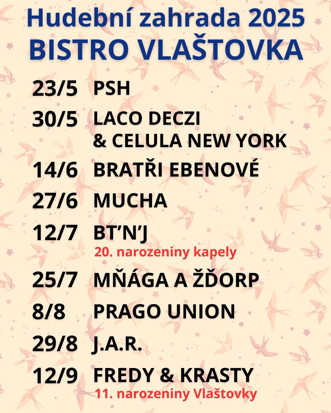 Zde je finální line-up pro rok 2025. 🎶
Připomínáme, že ceny vstupenek jsou rozděleny do tří vln - 1. vlna do 31.1.2025, 2. vlna vždy do dne před daným koncertem a 3.vlna platí v den akce. Vstupenky je možné zakoupit u nás v bistru nebo na GoOut.
#bistro #bistrovlastovka #klatovy #koncert #hudba