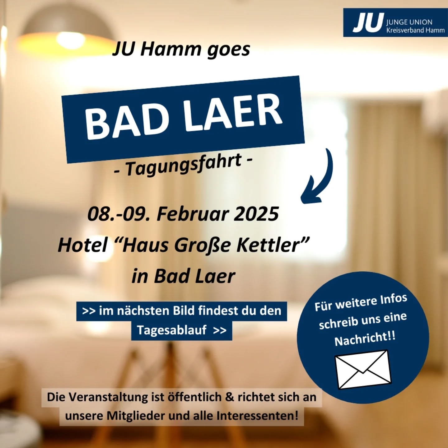 #BadLaer 2025 steht vor der Tür! 😌
Im Fokus stehen die Grundlagen der kommunalpolitischen Struktur & Arbeit. Dabei wollen wir die verschiedenen Möglichkeiten zum politischen# Engagement vor Ort aufzeigen & erklären. Durch einzelne Vorträge erhaltet ihr das entsprechende Wissen. Ein interaktives #Planspiel soll zudem dazu beitragen, die methodischen Kompetenzen praktisch anzuwenden.
Unsere Tagungsstätte ist das Hotel “Haus Große Kettler”. Wir freuen uns auf Dich und Dein Interesse! 👋🏼😊
Schreib uns bei Interesse eine Nachricht 📩
#juhamm#jungeunion#politik#jugend#kommunalpolitik