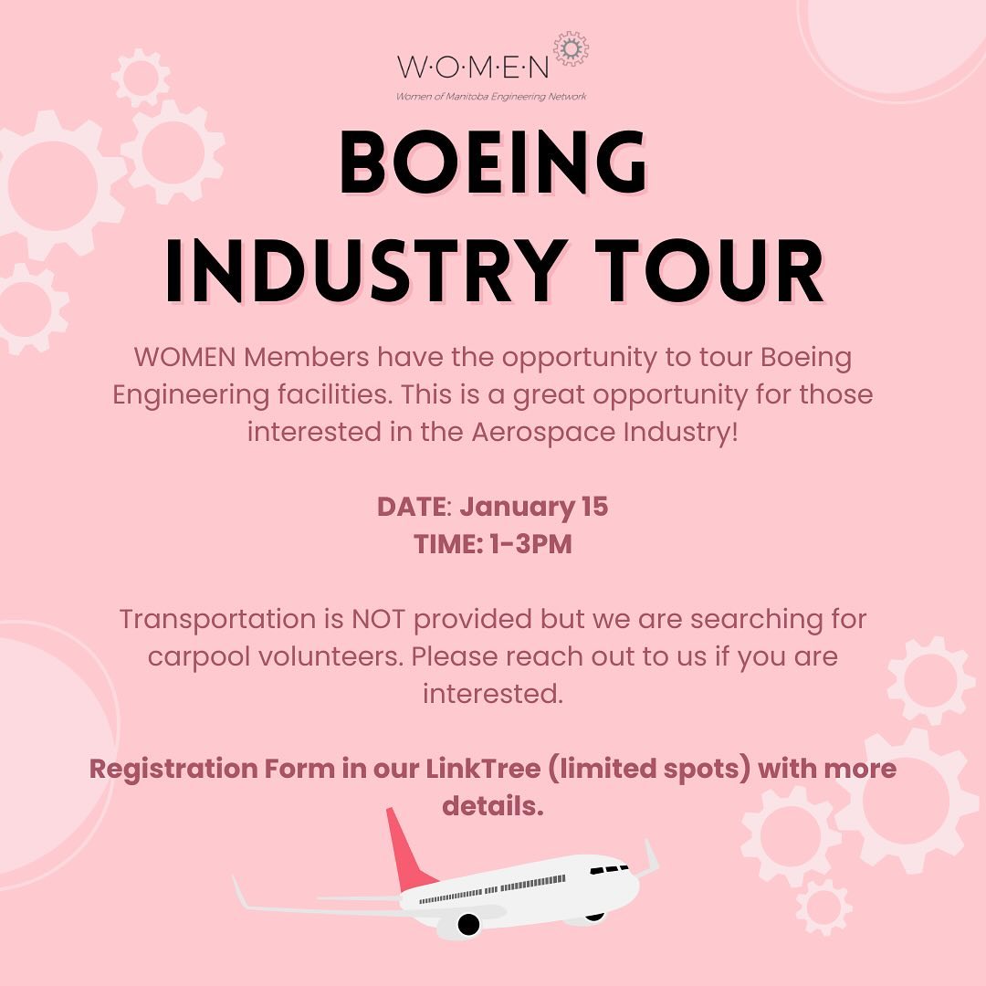 WOMEN is excited to announce that our members have the opportunity to tour Boeing Engineering facilities on January 15 from 1-3PM. This is a great opportunity for members who are interested in the Aerospace Industry 🛫
The registration form for this event can be found in our bio. Additional details are also in this form. Be sure to register fast as there are limited spots for this tour. There is currently one car available for car pooling and we are searching for more volunteers. Please reach out to our corporate relations team if you are interested, and if you have any other questions or concerns.
🔔 Important reminder to those who are going: please arrive by 12:30PM with government issued ID and closed-toe shoes for safety.