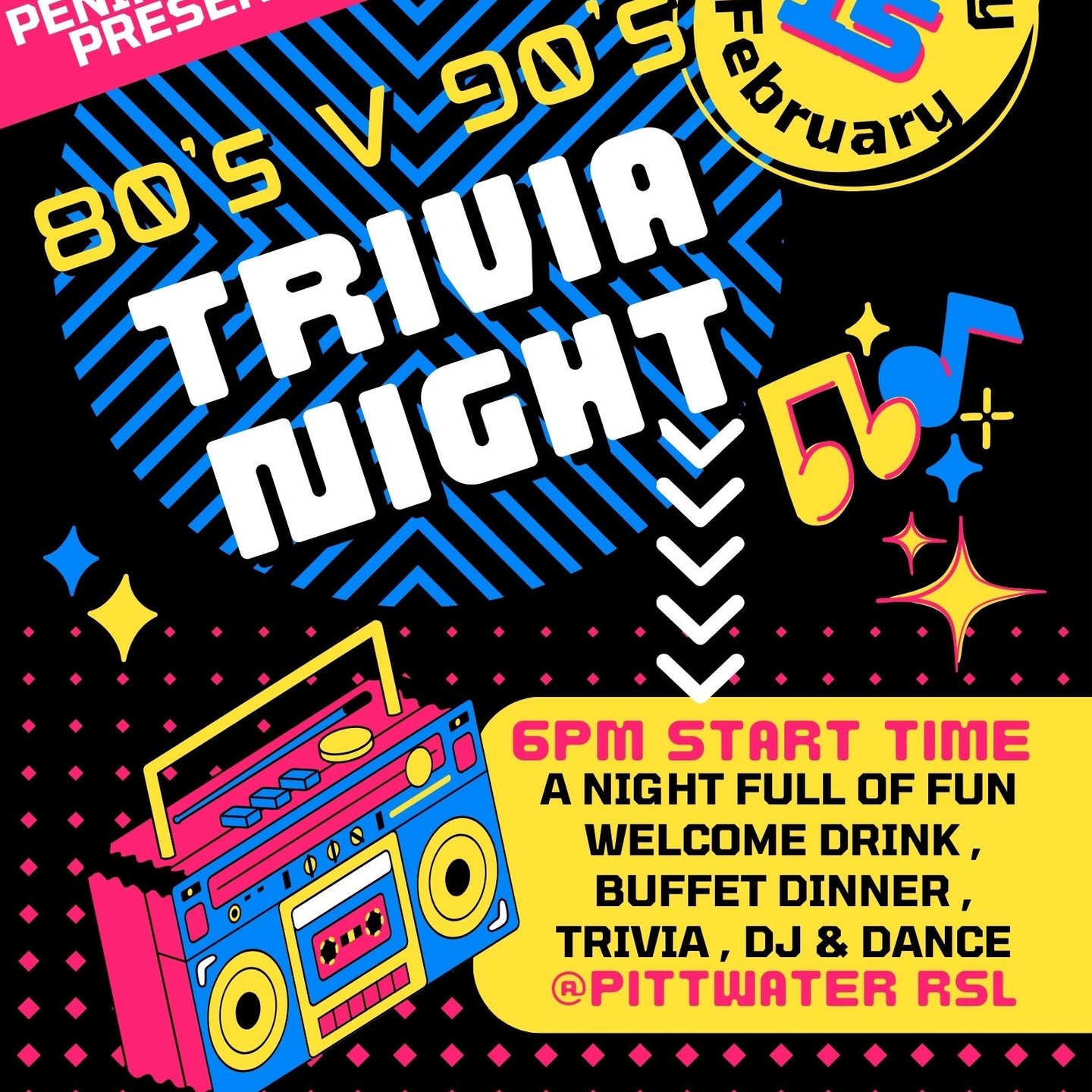 🎉🕺 Get ready for a night of fun, nostalgia, and giving back! 💃🎶
📅 When: 15th Feb
📍 Where: Pittwater RSL - Auditorium
🕕 Time: 6 PM
🌟 Join us for a totally rad TRIVIA NIGHT with an epic 80s vs 90s theme! Dress up in your best retro gear and show off your knowledge while supporting two amazing causes:
💗 McGrath Foundation
🏏 Peninsula Cricket Development
✨ Tables of 8 – $100 per ticket! Your ticket includes:
🍴 Buffet Dinner
🥂 Welcome Drink
🎶 Trivia, prizes
🕺 Dance the night away with DJ Weekend Grooves
🎟️ Buy your tickets now: https://www.playhq.com/cricket-australia/register/d7d878
Gather your crew and don’t miss this unforgettable night of fun and fundraising!
#TriviaNight #80sVs90s #McGrathFoundation #PeninsulaCricket #DJWeekendGrooves #CommunityEvent