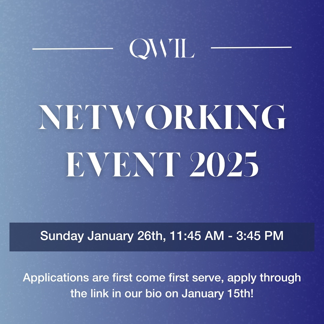 ✨💼 QWIL Networking Event 2025 is here!
Get ready to connect, learn, and grow with QWIL at our second annual Networking Event! Join us on Sunday, January 26th, from 11:45 AM to 3:45 PM at Goodes Hall. This event is open to female-identifying students across all faculties looking for a comfortable space to connect with company reps from various industries
📆 Applications open January 15th at the link in our bio – spots are limited and first come, first serve, so don’t wait!