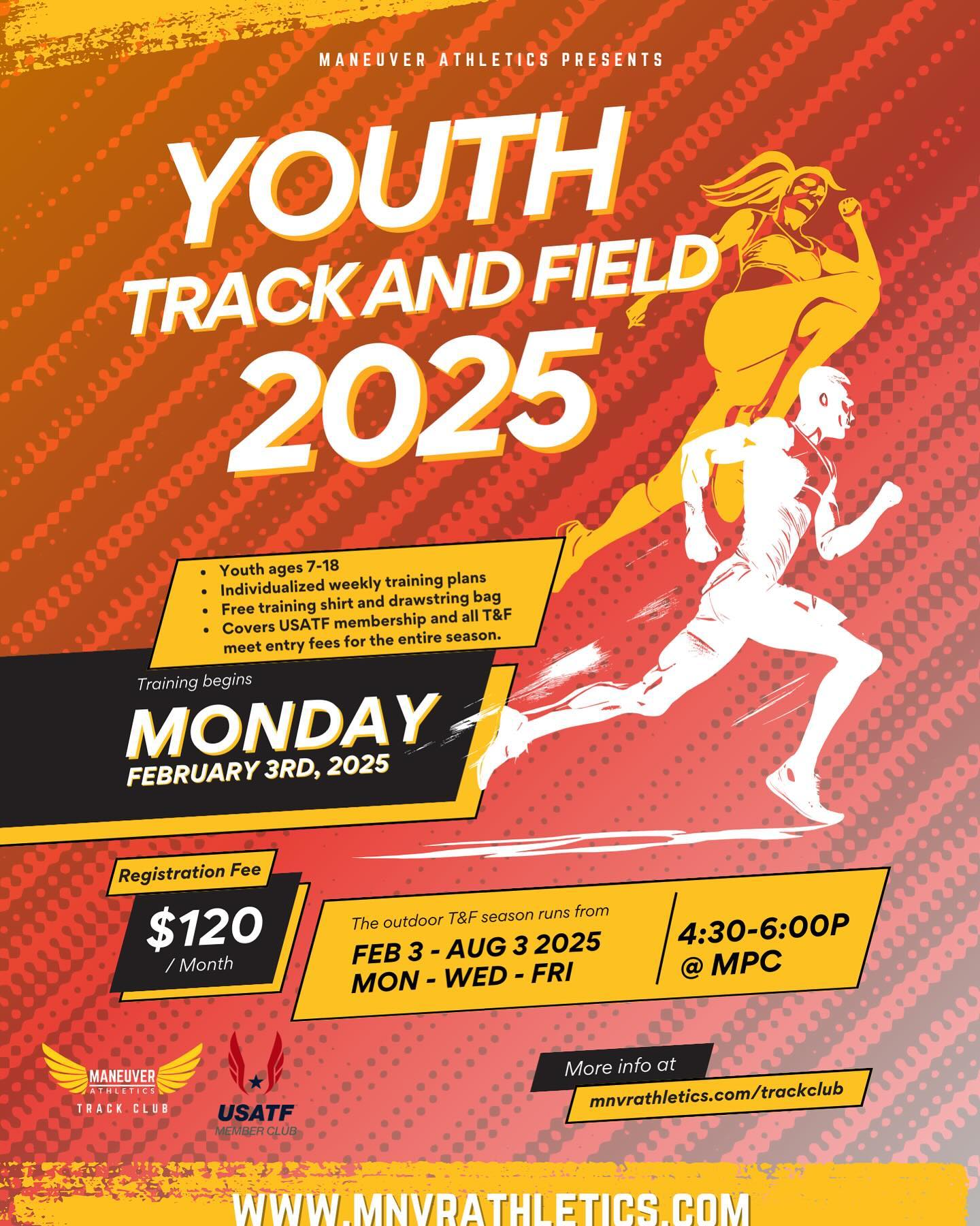 Youth Outdoor T&F is around the corner! Registration is now open on the website. Training begins Monday, Feb 3 at MPC. Every M-W-F from 4:30-6:00p. Looking forward to another awesome season!