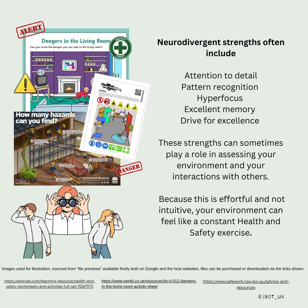 Sharing the random thought that occurred to me a few weeks ago, most of the neurodivergent people I know are in a constant state of risk analysis. This is truly exhausting!
They might be 'told off' for jumping to the worst-case scenario or for catastrophic thinking, but I prefer to think of it as a combination of strengths working together to try and keep that person safe.
Theories of neuroplasticity tell us that person-directed change is possible, so with that in mind, I'd love to hear .....
Do you think your risk-o-meter is set too high?
Do you view it as a strength?
If you could change it what would that look like?
#interaction #communication #sensory #neurodivergent #autism #adhd #occupationaltherapy #cognitive #dyspraxia #visuals #actuallyaudhd #danger #strengths #healthandsafety #exhaustion #hypervigilance #riskanalysis #privatepracticetherapist #neuroplasticity