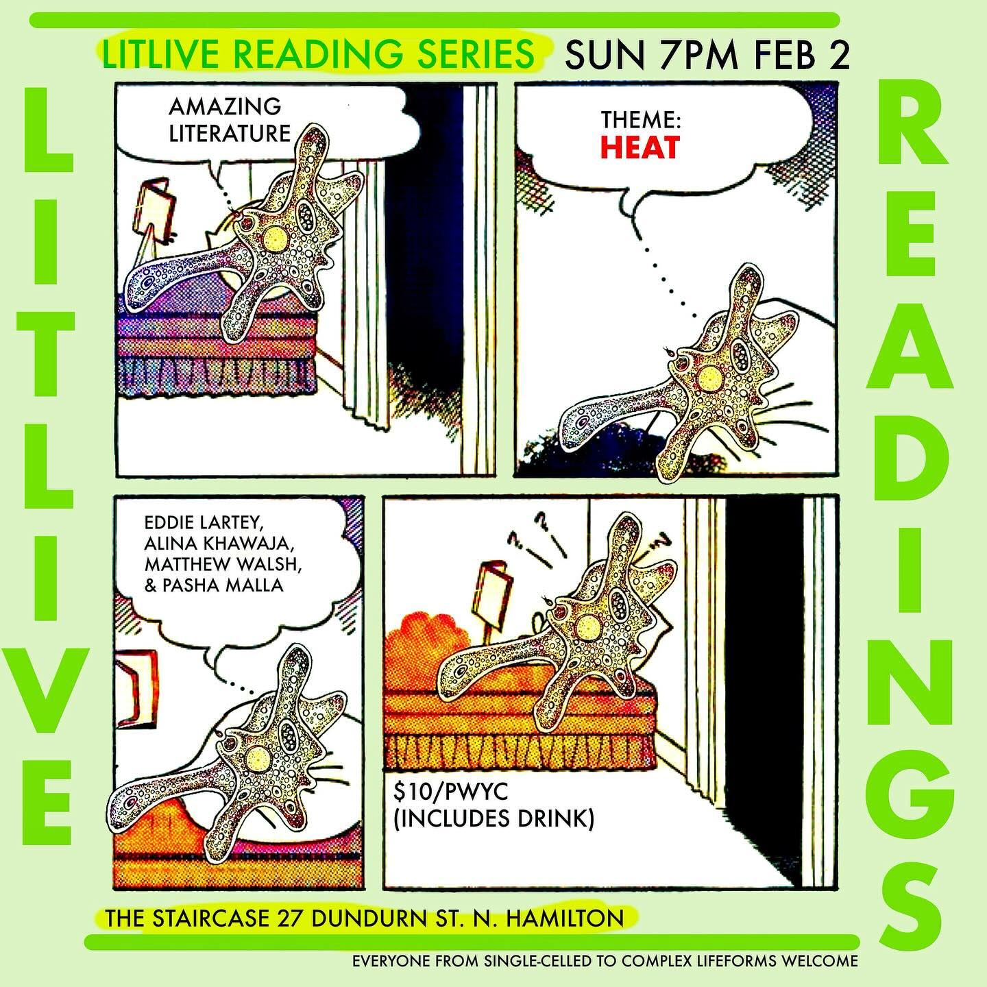 Come warm up with us at the FEBRUARY LIT LIVE - Feb. 2 at @thestaircase with amazing readers @tupacshakespeare @thealinakhawaja Matthew Walsh and Pasha Malla. Theme is 🔥HEAT🔥 #hamont #readingseries #writingcommunity #poetry #fiction #canlit
