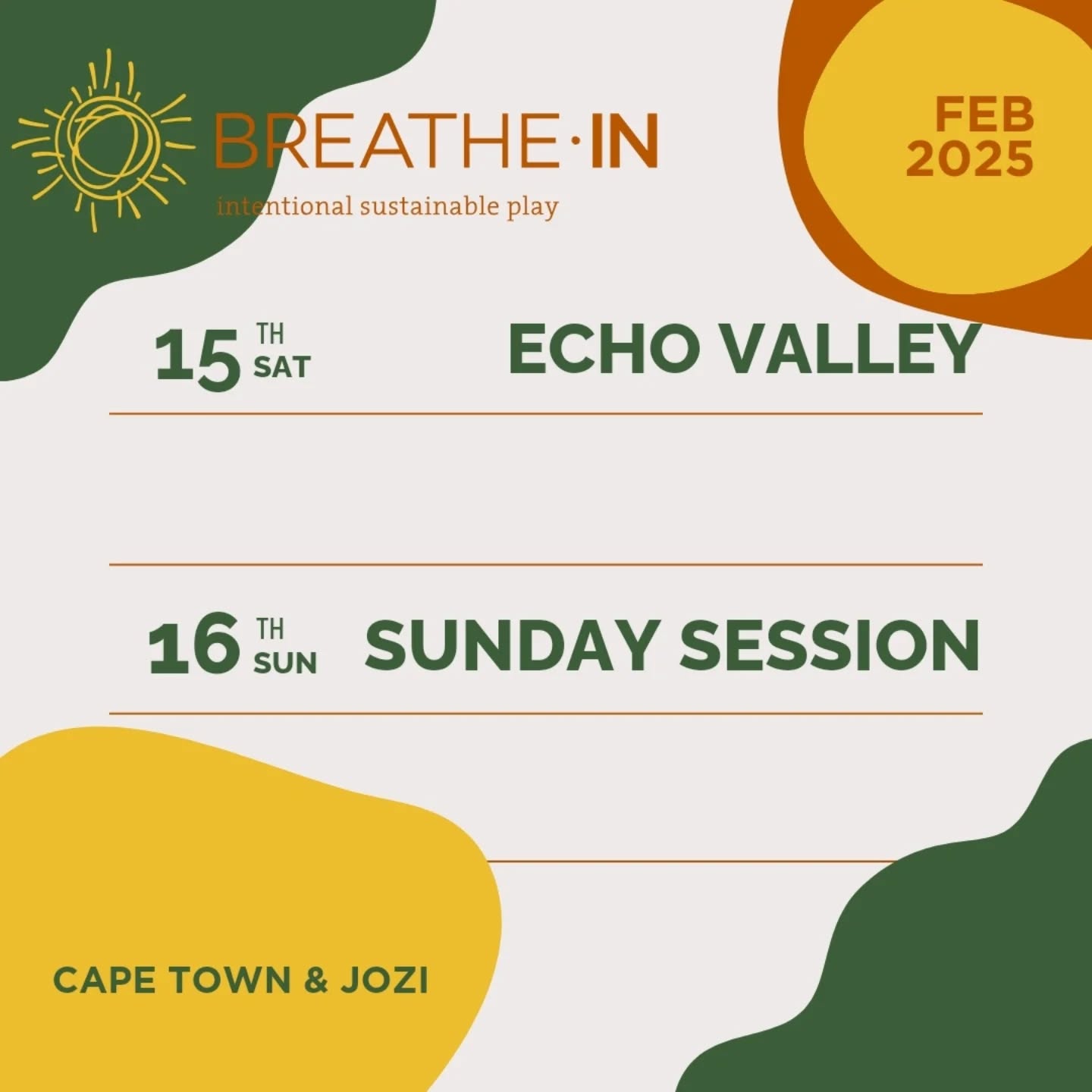 👀2025 CALENDAR 👀
Here's a look at some of what's cooking in 2025 for the Breathe In Community!
There's plenty more in the works 🔮 but we thought we'd drop these here so long for you lovely people to get psyched about in the meantime. 💚
Also, we wrote a little poem to bring in the new year.
We hope you like it, you can even write us one back if you're feeling creative 😉
The ode to 2025:
It's '25
And we're alive
Hard times will come
But still, there's fun.
Be it stormy sky
Or twinkling eye,
It's from nature we're spun
Living from our golden sun.
Wishing you peace and happiness this year, friends 🙏