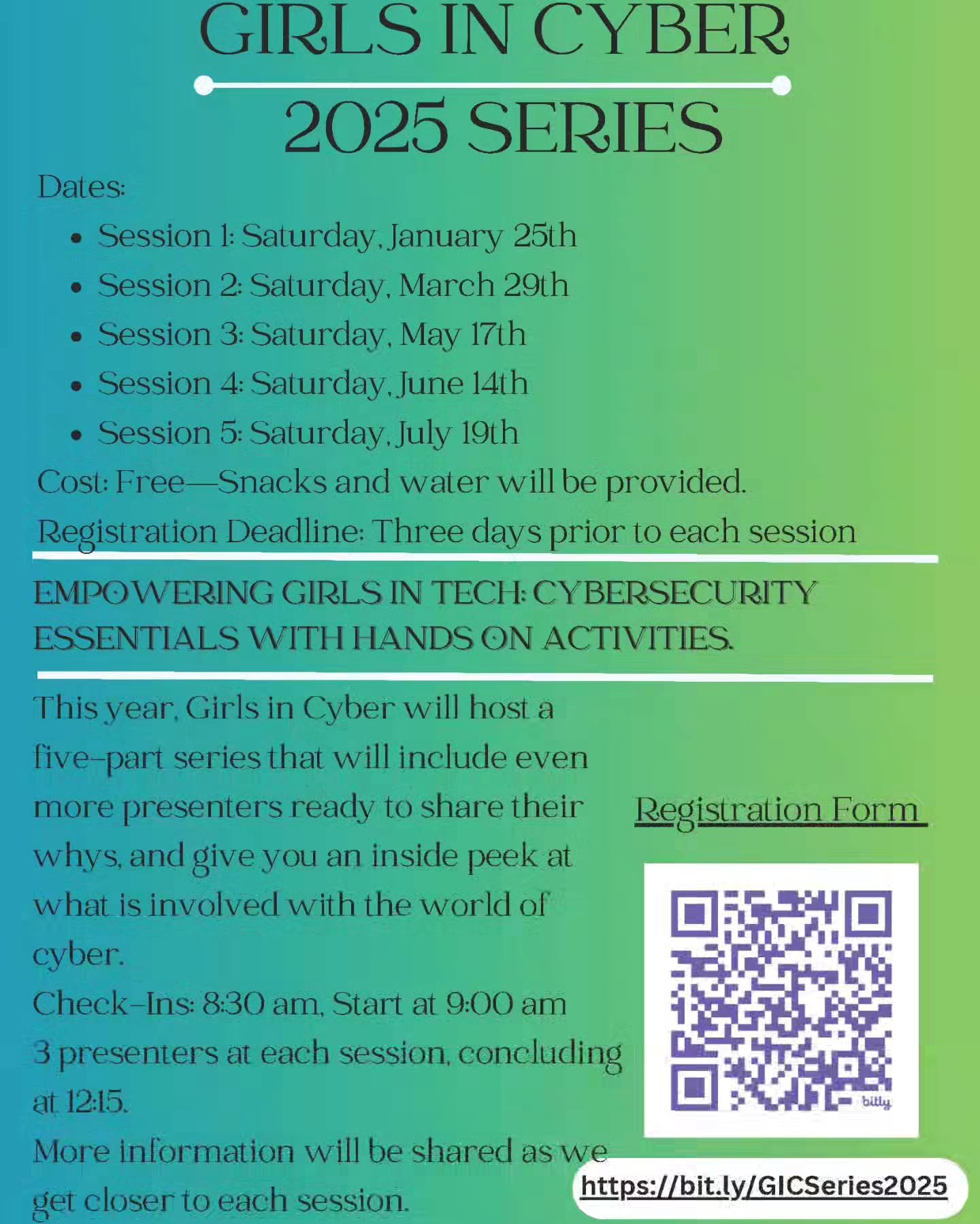 Shared from member firm Kamehameha Schools:
Girls In Cyber is opening their 2025 series on Saturday, January 25 💻 Empowering Girls in Tech: Cybersecurity Essentials with Hands on Activities
This year, Girls in Cyber will host a five-part series that will include even more presenters ready to share their whys, and give you an inside peek at what is involved with the world of cyber.
This series is FREE to all girls grades 4-12, from any school. Registration deadline is 3 days prior to the class date. HTTPS://BIT.LY/GIC2025
Session 1: Saturday, January 25
Session 2: Saturday, March 29
Session 3: Saturday, May 17
Session 4: Saturday, June 14
Session 5: Saturday, July 19
#girlsincyber #girlsintech #ewihonolulu