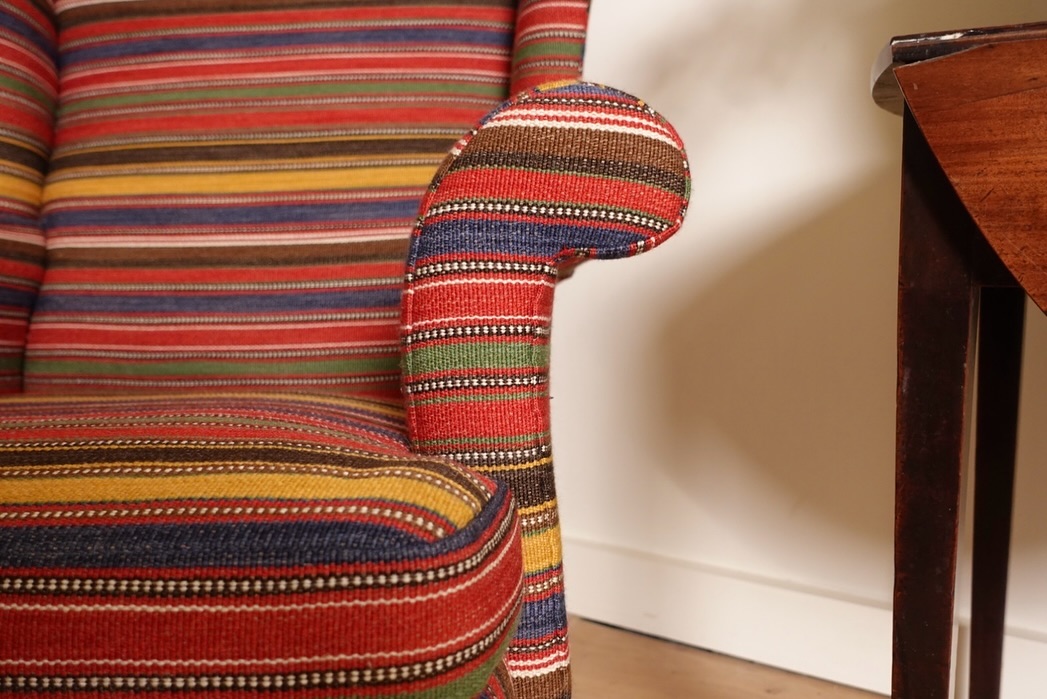 Scroll and you’ll see how battered this chair was when my client found it. But the frame of a #parkerknoll is strong. And the nasty degrading foam fillings were stripped out for a fully natural fibre makeover. No glue, no foam. And loved working with the @madeauxhome Jajim fabric. Such an uplifting stripe! #naturalfibrefilling #sustainabledesign #stripe #upholstery #madeinengland