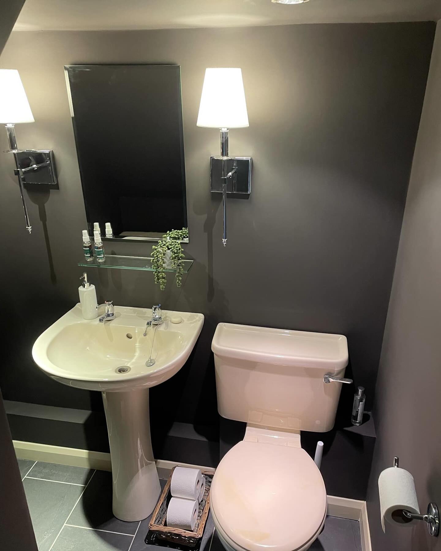 Bathroom refreshed with a new coat of paint and flooring.