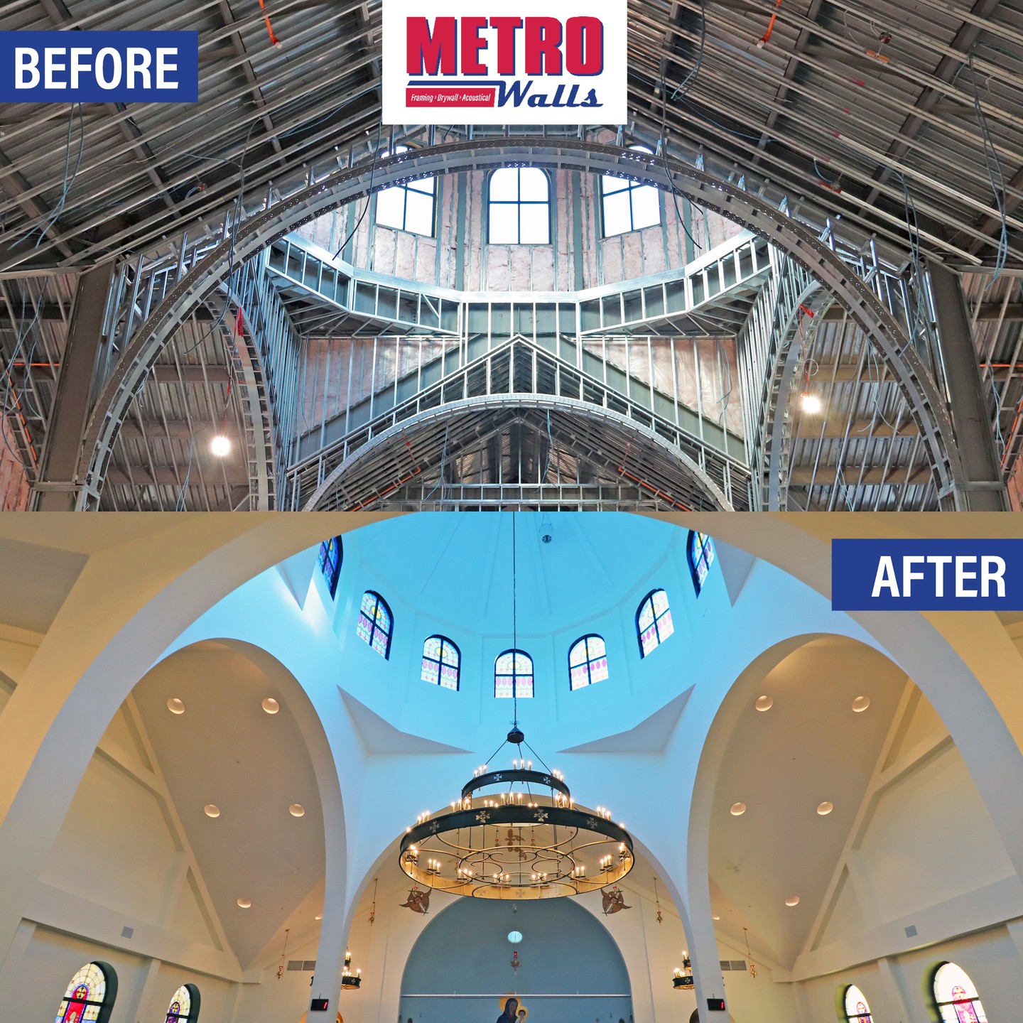 It is always amazing to see hard work pay off! 💪👷
Metro Walls was honored to be a part of the intricate sanctuary addition completed at the Armenian Church at Hye Point in Haverhill, MA. This unique project with @channelbuilding included high-arched walls, an altar stage with a dome, and arched windows. Our team provided their expertise in the installation of light gauge metal framing, glass-reinforced gypsum within the dome, along with drywall and insulation throughout.
To see more photos of the process of this build, head to our website by clicking the link in our bio!