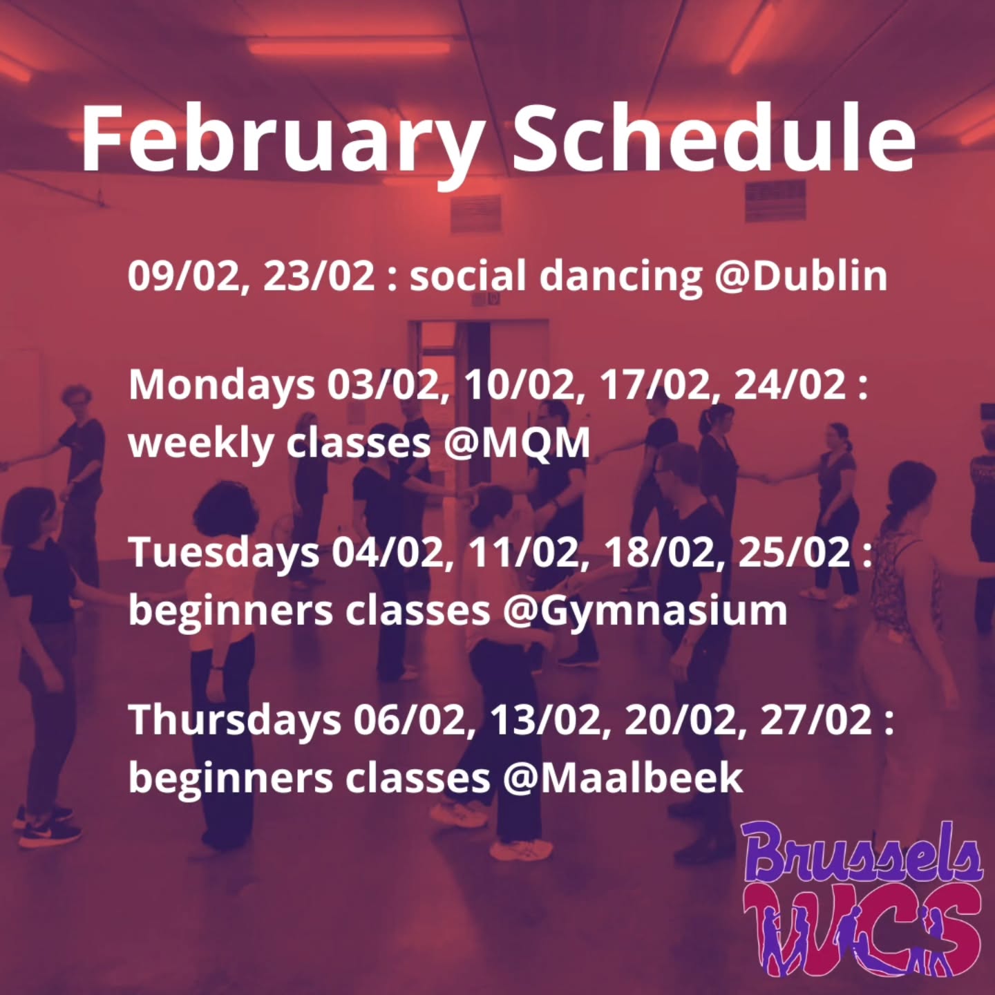 Here is our February schedule 🪩
Less day but not less classes ! Join us every week in three different locations to enjoy WCS.
Don't forget the socials ! They'll be happening in salle Dublin 🍀
#bwcs #brusselswestcoastswing