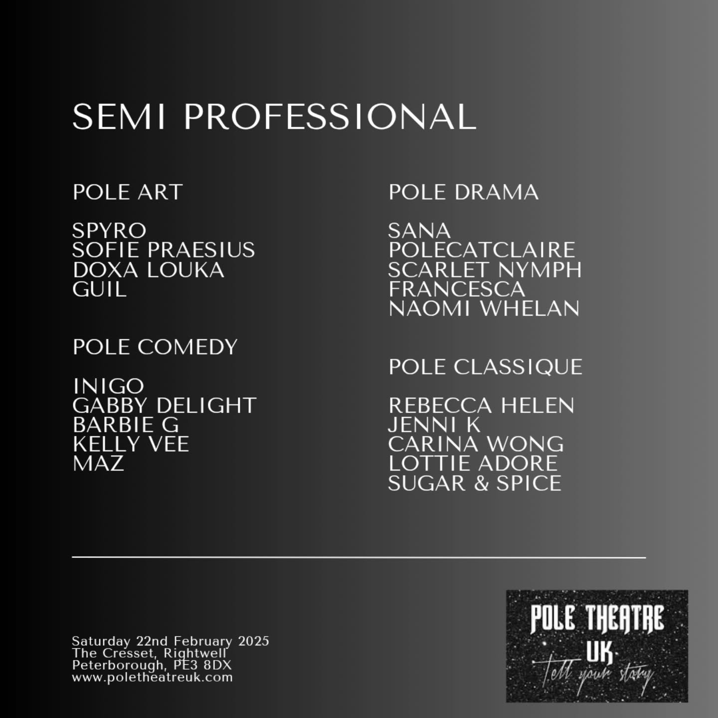 Not long to go! ♥️🔥
Tickets on sale now 🎟
VIP Tables are for BOTH shows 🔥
Tickets are non refundable
Purchase policy is available on our website
www.poletheatreuk.com
#poletheatreuk #poletheatre #pole #polecompetition #ptuk25 #poletheatreuk25