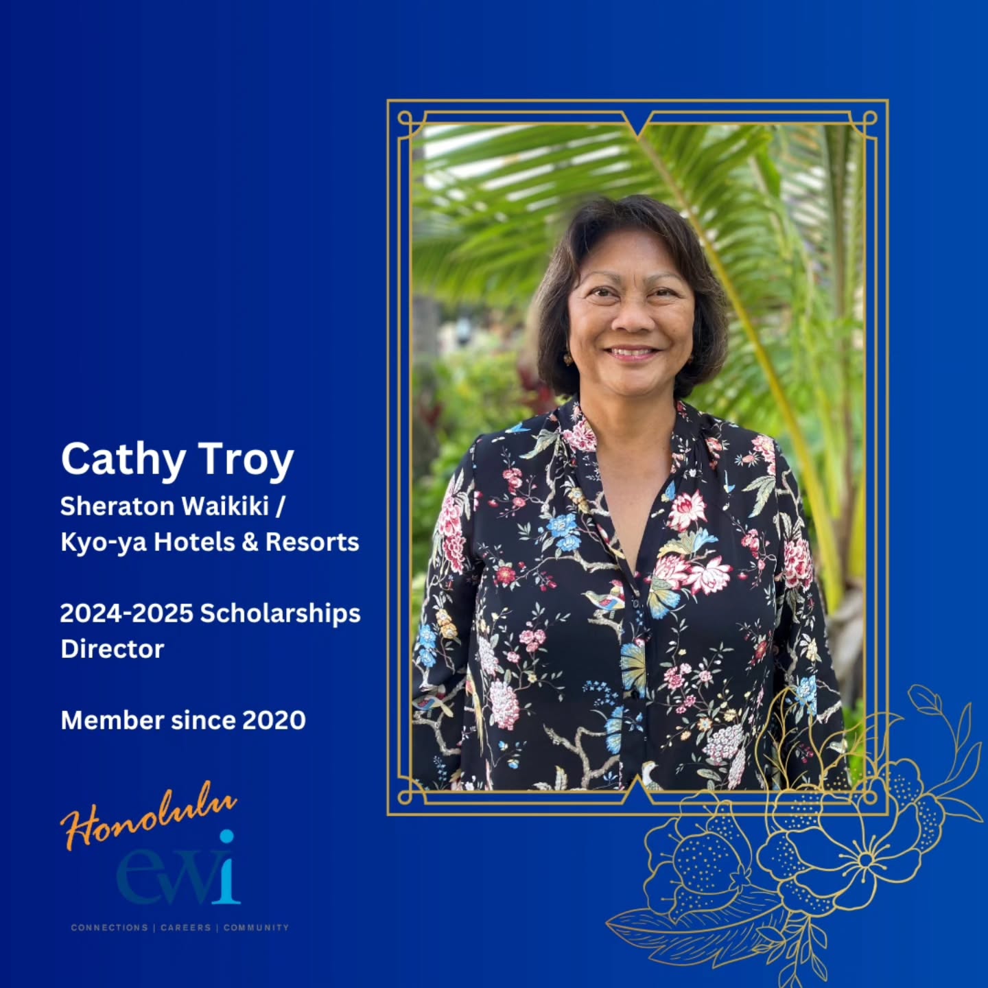 For those of you in the hospitality industry, being nominated, let alone winning the HLTA (Hotel Lodging and Tourism Association) 2023 Na Po’e Pa’ahana Outstanding Lodging Employee of the Year – First Place, is a BIG deal!!!
Cathy describes herself as blessed, and she and husband Michael (our golf tournament MC) are empty nesters, so they are keeping busy and "getting involved"!
This year, Cathy is our Scholarship Director, giving back her time and energy for a worthy cause.
Aloha Cathy!