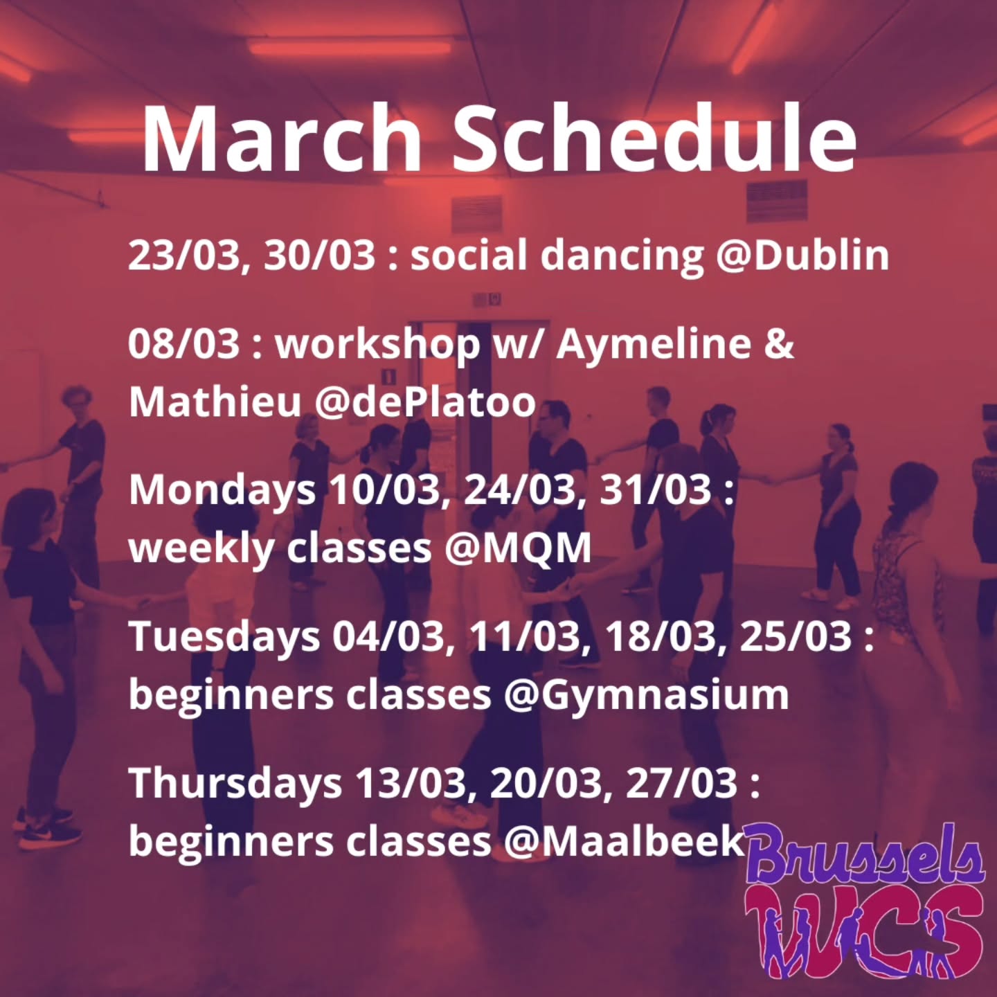 And here is our March schedule !
Join us this Saturday for a day of workshops with Aymeline Felmy and Mathieu Compagnon 🪩
Careful, lots of holidays this month : no classes on Mondays 3rd and 17th, and on Thursday 6th. Classes every Tuesday though 🤓
We will also have socials at Dublin the 23rd and 30th ! See you there !
#bwcs #brusselswestcoastswing #brusselsdance