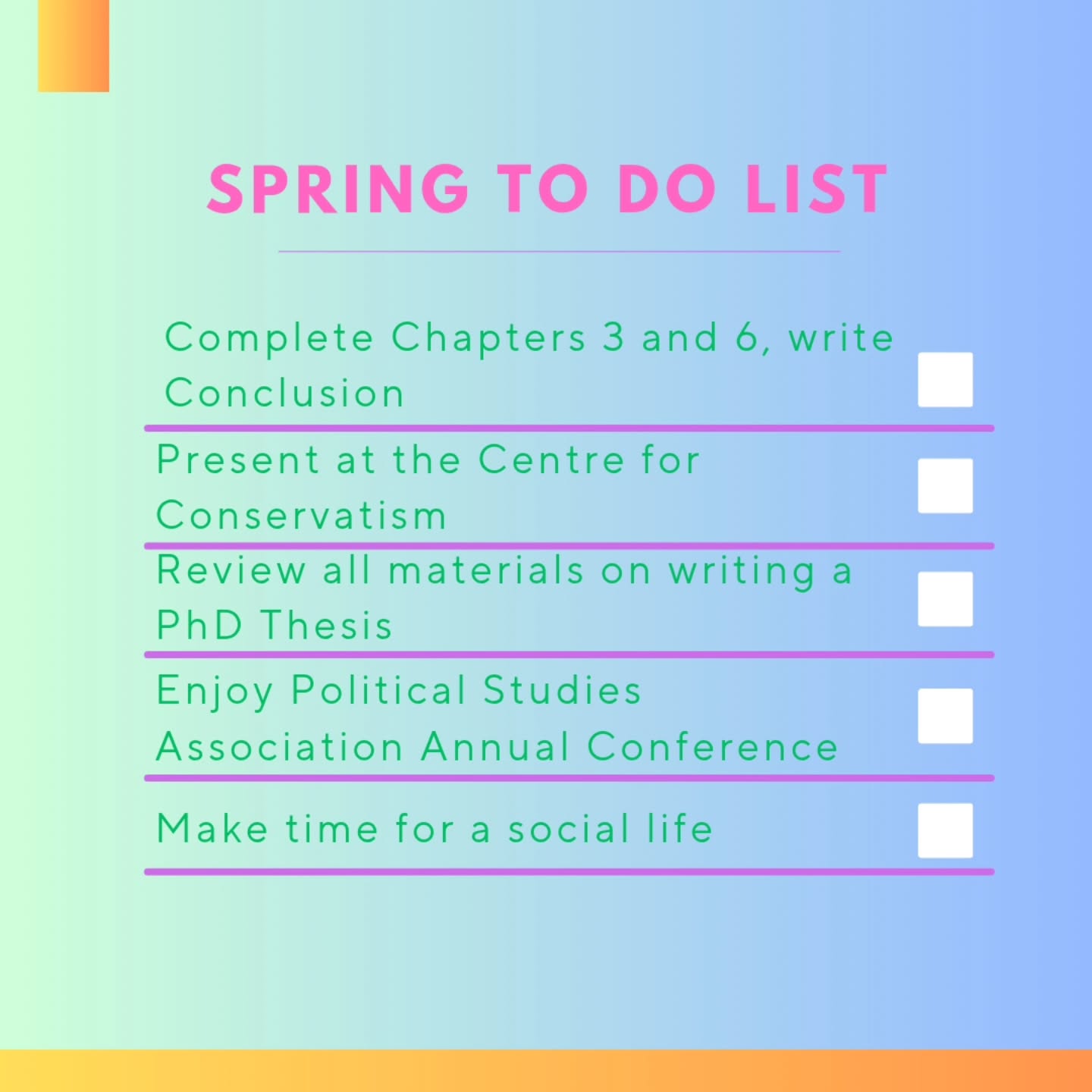 With Spring on it’s way, I thought it was best to sort out my ‘to do list’ to keep me on track and accountable.
Much of the next few months is going to be on tidying up a few loose ends. It feels so strange to know it won’t be long before I’m refining the entire thesis. It still feels like yesterday I started my induction. I’ll be continuing to say yes to opportunities - even if the idea of presenting still terrifies me!
There are two things I’m particularly looking forward over the coming months. The first is seeing Usher at the start of April, secondly is attending the @polstudiesassoc conference. It’s all about balance⚖️