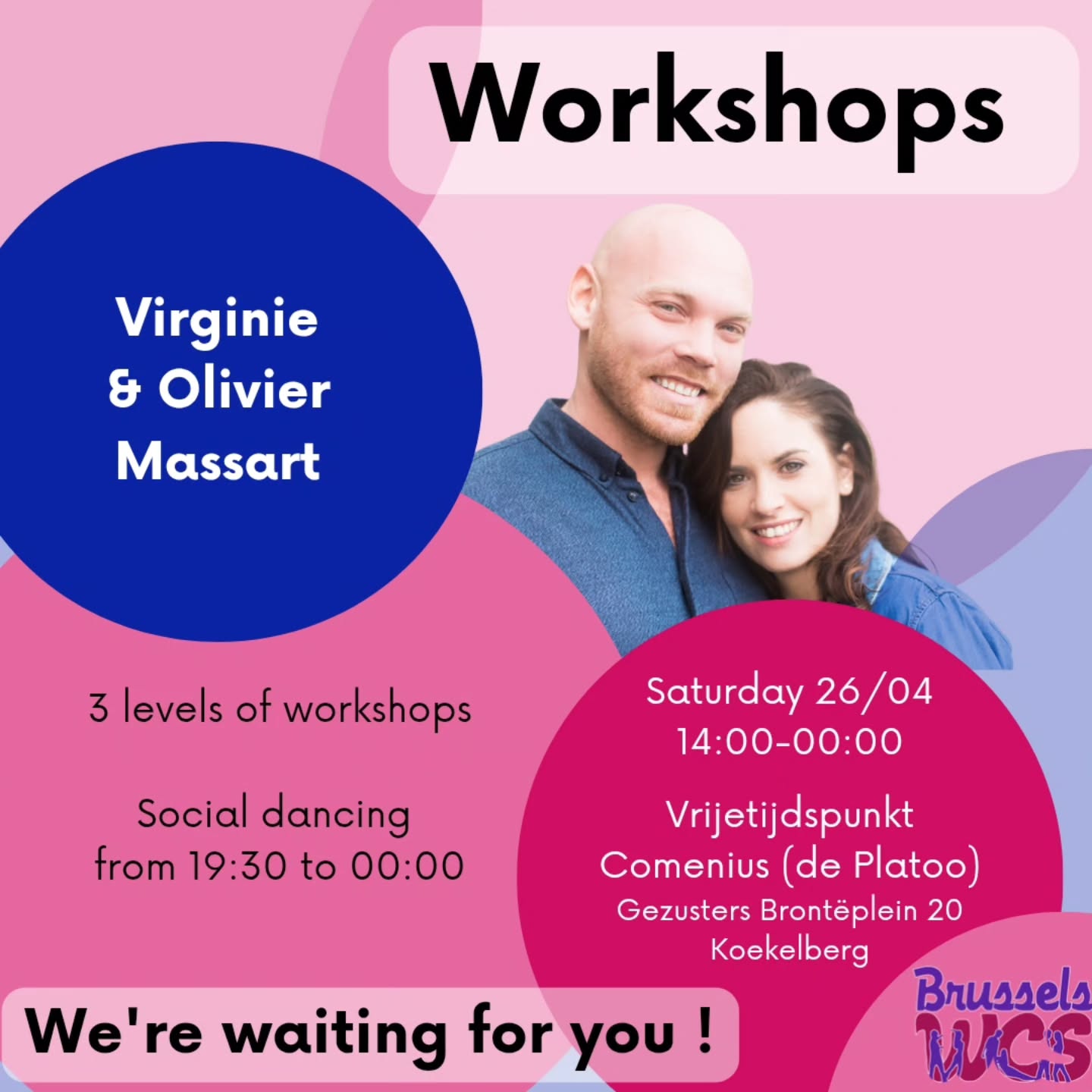 LIEU / VENUE
Vrijetijdspunt Comenius, Salle Polyvalente, Place des sœurs Brontë 20,
Gezusters Brontëplein 20, Koekelberg
PROGRAM
14:00 - 15:15 : Beginner (started in September 2024)
NOT FOR ABSOLUTE BEGINNER
15:30 - 16:45 : Intermediate (more than 2 years of classes and socials)
17:00 - 18:15 : Advanced (more than 3 years of classes and socials)
18:15 - 19:30 : Dinner Break
19:30 - 00:00 : Social dancing with demo lead/follow
MEMBER PRICES
1 workshop : 25€
2 workshops : 40€
Social only : Free
NON-MEMBER PRICES
1 workshop : 30€
2 workshops : 50€
Social only : 10€ (please RSVP)
Membership '24-'25 : 25€
✩ Attention: one registration per person is required
✩ For people who need to wait between workshops or before the party, a lounge room will be available, with possibility to borrow speakers.
✩ For dinner, you can bring your own food and eat it with us, or pick a restaurant nearby.
✩ Club membership includes a special "sports" insurance coverage and grants you an immediate discount for all our workshops and free entrance to all our socials (about two per month).