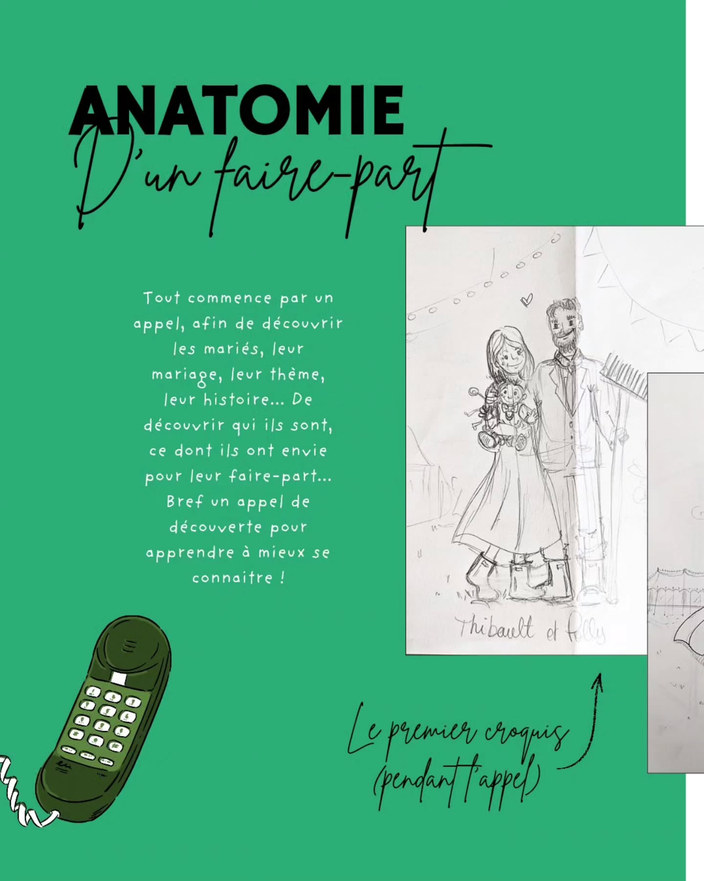 Qu'est-ce qui se cache derrière un faire-part ? Comment arrive-t-on à la version finale ? Comme ça ⬆️ !
☎️ Tout part d'un coup de téléphone ! Un appel en visio pour discuter de vous, votre couple, votre mariage, vos envies... Je capte les détails, vos passions, ce qui fait que vous êtes vous, je pose des questions pour m'orienter sur le chemin à suivre : un faire-part plutôt romantique, simple, fun, ... Les poses des personnages peuvent s'adapter à tout ce que vous souhaitez ! Avec un fond épuré comme ici, ou plus garni, vos couleurs, vos fleurs... Encore une fois tout est possible ✨
🌿 De cet appel né un croquis, que je vous envoie brut ou retravaillé. Et après on discute ! Vous aimez ? Ou pas ! Quels détails changer, les tenues, les couleurs, les poses... Je prends vos remarques et je crée la "V1" numérique. C'est le premier jet. Si cela ne vous plaît pas on peut ensuite faire deux phases de retouches : que ce soit ajuster des détails, ou tout changer si la V1 ne vous convient finalement pas !
🌳 Au milieu de tout cela je crée aussi les icônes et illustrations qui viennent agrémenter le faire-part (le fond ou le verso), comme ici les fleurs, le gazebo, les bottes de jardin, ou le pommier - qui a une place sur le site internet !
On ajuste, on adapte, on change, on discute... Et le faire-part définitif ressort de tout ce processus !
C'est parce que j'essaie de vous connaître, de savoir ce qui fait que vous êtes vous et de capter tous les petits détails de votre grande histoire que votre faire-part est unique ! 🌟
Envie d'en savoir plus ? De se lancer dans l'aventure ? Contactez moi en DM ou posez moi vos questions en commentaire 🤗