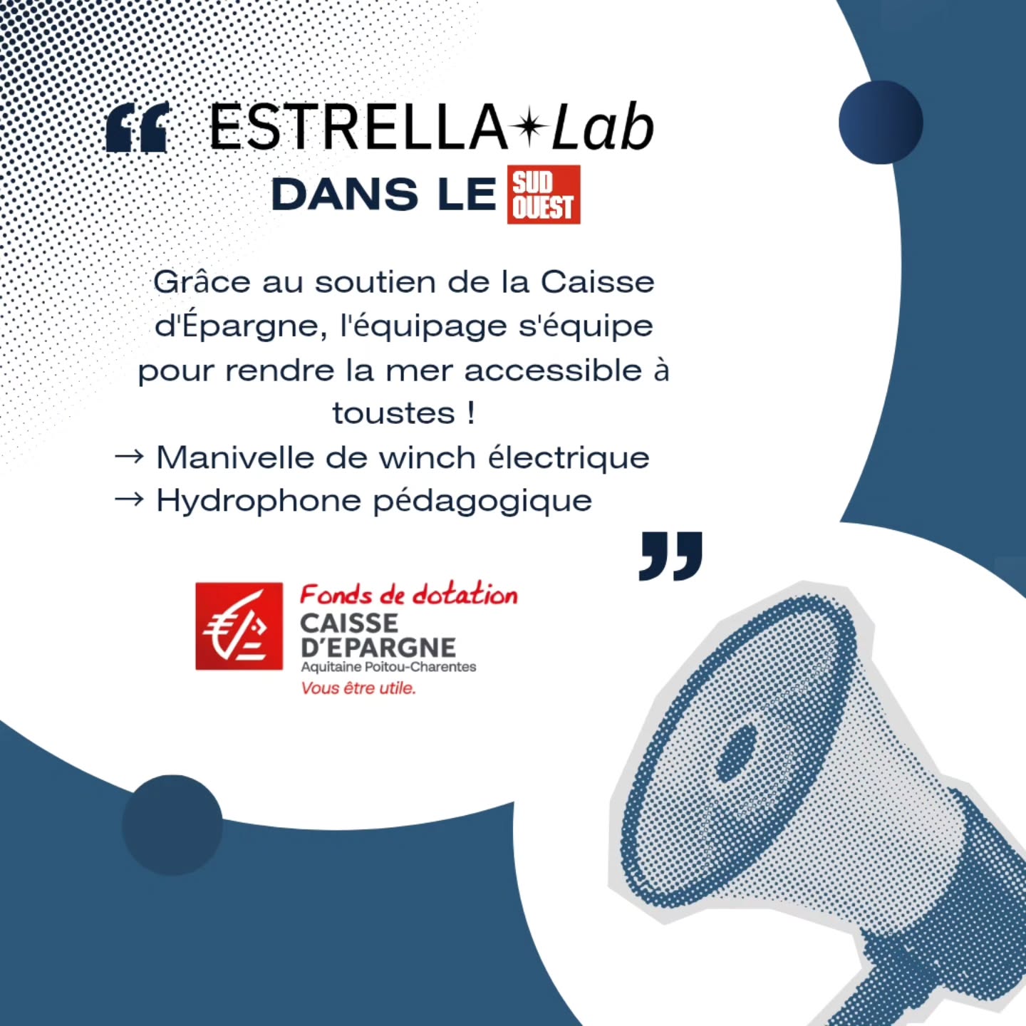 On me dit dans l'oreillette qu'Estrella Lab est à la une ! ⭐📰
Merci à la Caisse d'Épargne pour son soutien, grâce auquel nous avons pu financer un hydrophone et une manivelle de winch électrique ! ⚓🔊
Une belle reconnaissance pour notre projet d'inclusion par la voile et une motivation supplémentaire pour continuer à embarquer toujours plus de monde à bord ! 🌊⛵
📍 À lire dans Sud Ouest !
#EstrellaLab #Inclusion #VoilePourTous #merci
