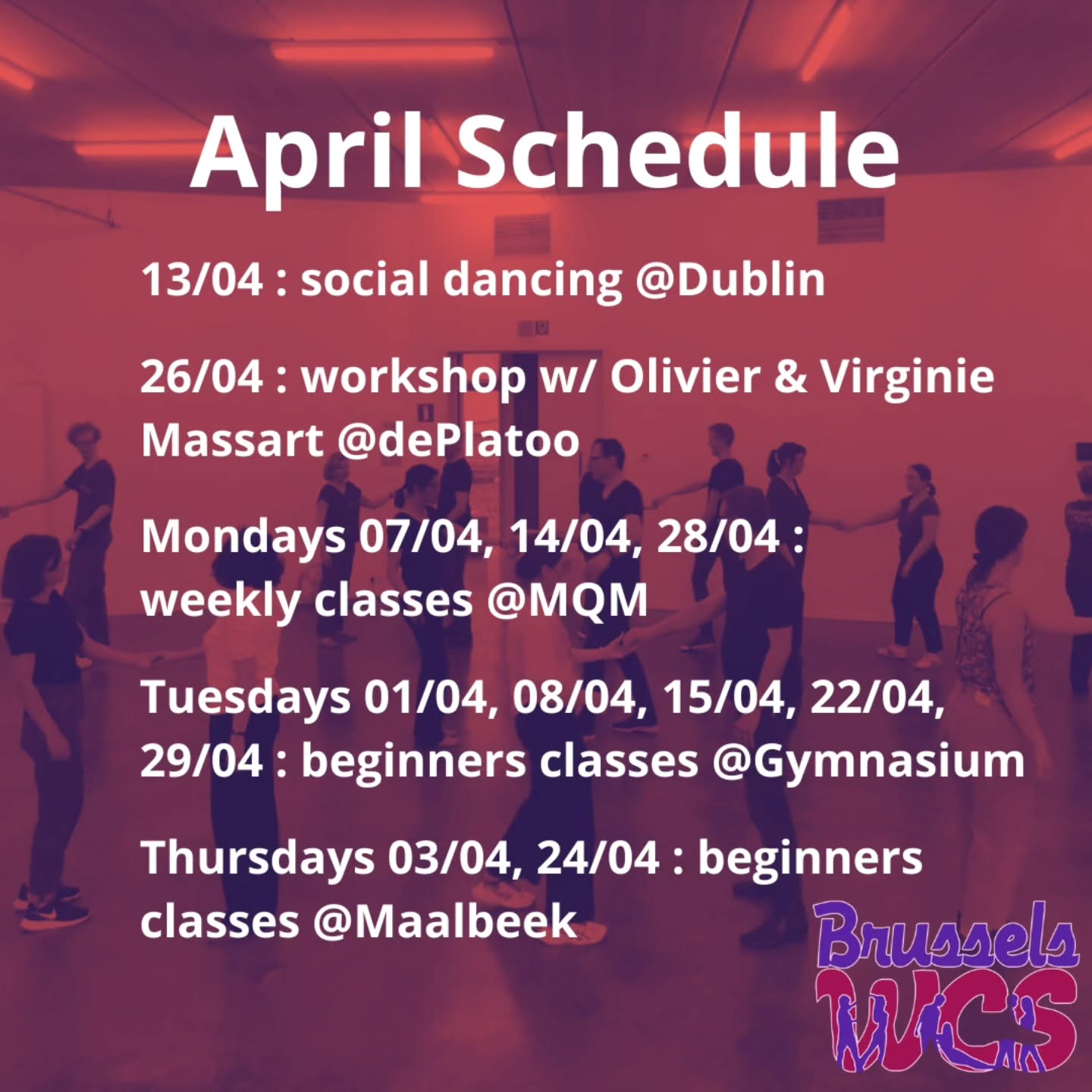 Here is our April schedule !
Lots of breaks, Thursdays 10 and 17 and Monday 21. But still a lot of dancing going on !
First, a social on the 13th at Dublin.🕺
Then, a wonderful workshop at Vrijetijdspunt Comenius with Olivier and Virginie Massart ! Don't miss it ! 💃
See you on the dance floor 🪩
