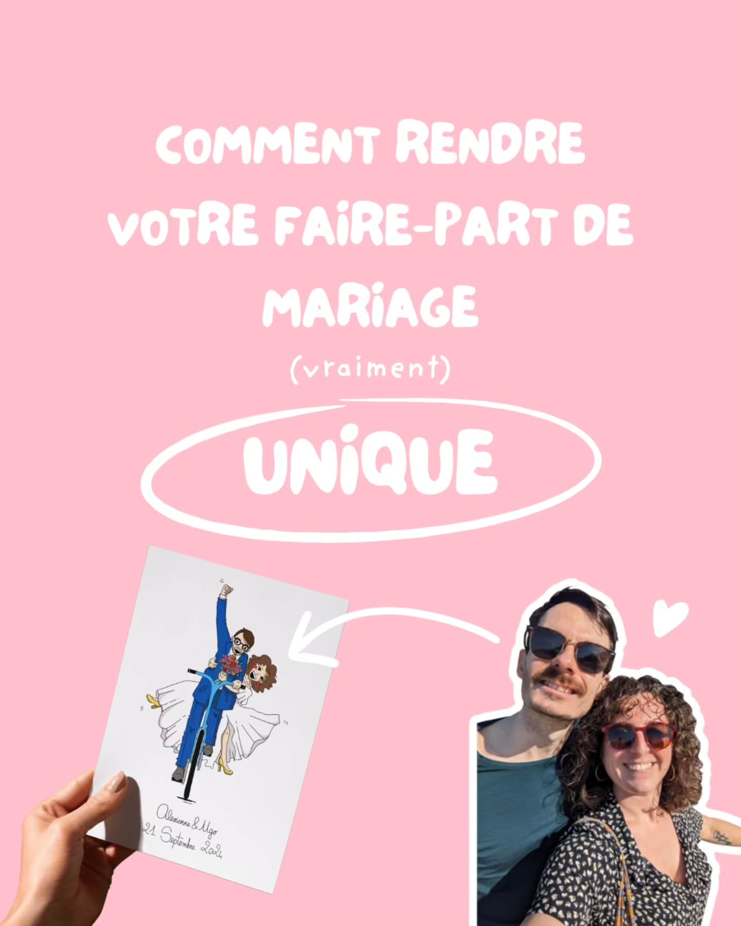 COMMENT RENDRE VOTRE FAIRE-PART (vraiment) UNIQUE ?
🌿 FACILE ! Mettez un maximum de vous dedans ! Le faire-part c'est le premier aperçu que les gens auront de votre mariage, alors autant que ça vous ressemble et que ça représente votre grand jour !
✨ Adaptez le style du faire-part à vous : un mariage coloré, champêtre ou romantique, tout peut se refléter dans les illustrations choisies ! Que ce soit du noir et blanc sobre ou une explosion de couleurs ; des petites fleurs discrètes ou des boules disco shiny ! (qui brillent pour de vrai, avec du "foil" 👀)
🩷 Si vous utilisez un template tout fait, ajoutez des petites icônes ou illustrations assorties qui vont harmoniser toute la papeterie, du faire-part au menu, et feront de jolis rappel ! Minute auto-promo: j'ai récemment mis en vente un pack d'icônes "cérémonies" sur Etsy - des illus avec des simples traits noirs donc la couleur peut être changée (sur Canva ou InDesign) 🤗
💌 Personnalisez le texte ! Ajoutez les détails qui font "vous" : votre rituel du weekend, vos balades en amoureux, vos animaux de compagnie... Comme des petits bouts de votre histoire parsemés dans le texte plus général de votre invitation !
🎁 Ajoutez un petit goodies ! Un aimant avec la photo de la demande en mariage ou juste une photo de vous (j'ai vu ça récemment et je trouve ça trop bien - pour bien aimanter votre faire-part sur le frigo!), un petit marque page, personnalisez le timbre pour les collectionneurs... Mes petits détails vont marquer certains de vos invités !
Et évidemment si vous souhaitez ajouter vos petits personnages dessinés, qui vous ressemblent, des petites illus qui racontent votre histoire, et des motifs qui reflètent votre ambiance rêvée de mariage, n'hésitez pas à me contacter en MP ! 🫶