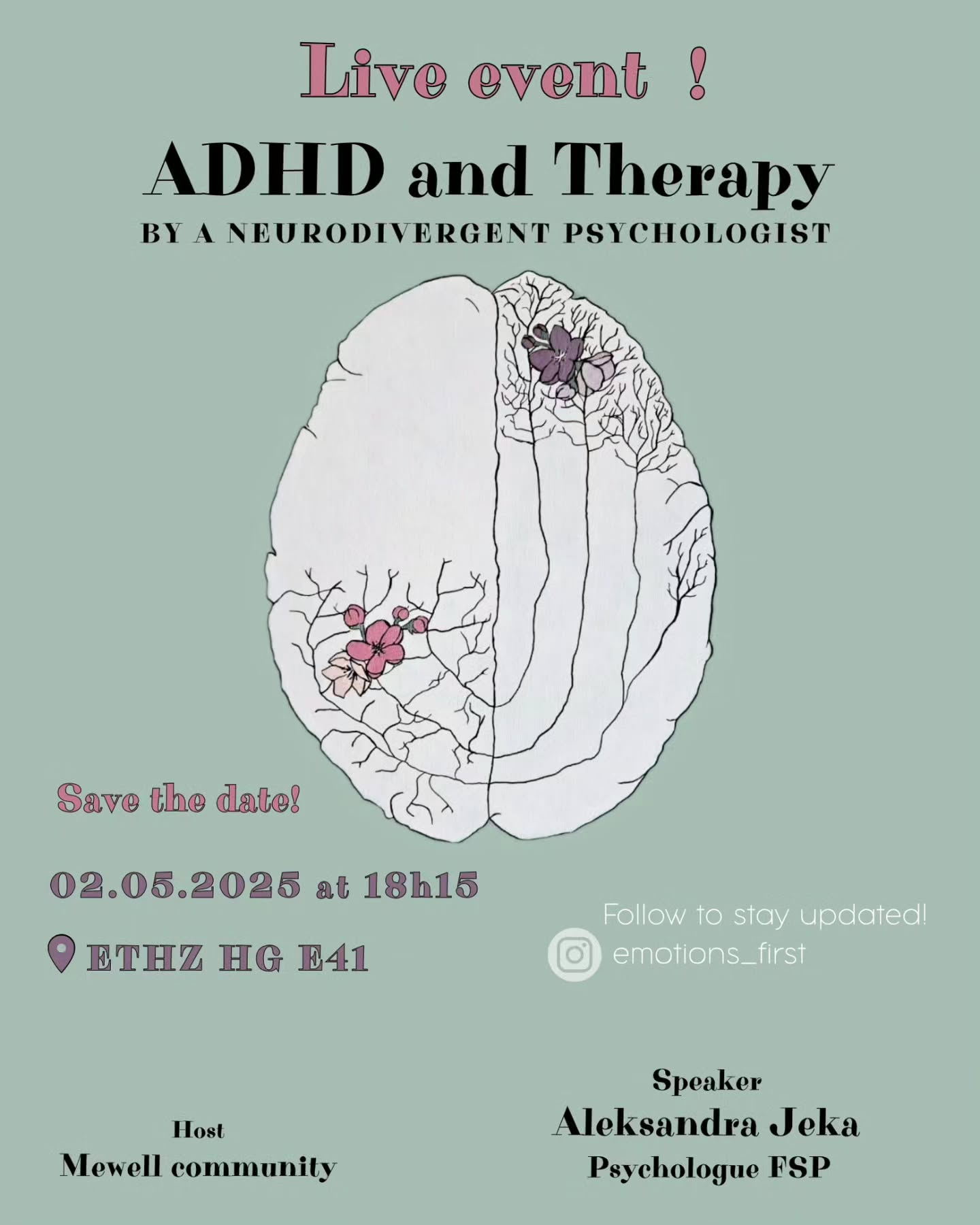I'm thrilled to announce:🎉
On Friday, 02.05.2025, I’ll be giving a speech on ADHD and therapy @ethzurich .
I’ll be discussing common challenges with diagnostic criteria, the misconceptions that arise, and how misunderstandings often happen when a neurodivergent client is viewed through a neurotypical lens.
I’ll also share a bit about my personal journey with therapy, diagnosis, studying psychology, and starting a private practice as a late-diagnosed AuDHDer.
I’ll talk about my work as a neurodivergent therapist: what I help with and how do I make my approach ADHD-friendly.
I’ll offer practical tips on how to find a therapist who’s a good fit, what to look out for, and what you can expect from therapy.
🌸🌸🌸A few things to note:
I'll be speaking about the specific population I work with in my private practice — mostly highly educated, highly masking adults, often expats living in Switzerland. Many of my clients are self-diagnosed and present with more than one aspect of neurodivergence. This is just one part of the broader ADHD community, but it’s a group that’s often underrepresented in academic discussions, and I am happy to spread awareness and recognition for it.🌸🌸🌸
At the end, there will be a Q&A session followed by an apéro organized by @mewell_community, the wonderful host of the event.🍓🍕🍬
Tell a friend who's curious about ADHD and starting therapy 🤗 ♡
🗓02.05.2025
📍ETH 🎓 Rämistrasse 101, 8006 Zürich 🏢E41