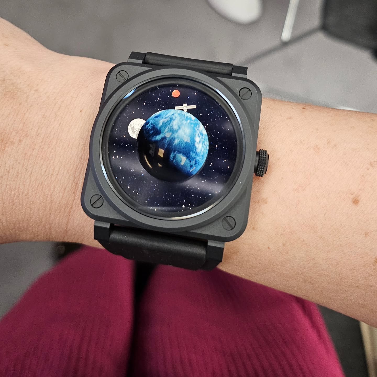 Finally, I got a closer look at the watch - @bellrosswatches BR-03 Astro. Earth in the centre, surrounded by the Moon and Mars. 41mm, self-winding mechanical movement BR-CAL. 327, 41mm, micro blasted black ceramic, limited edition of 999, RM21,400.
What do you think? 🌍
#tictoctime #bellross #bellrosscommunity #bellrossmalaysia #timeinstruments #br03astro #wristwatch #wristshot #watchesofinstagram #watchphotography #watchnerd #WatchEnthusiast #watchesandwonders #watchblogger #WatchCommunity