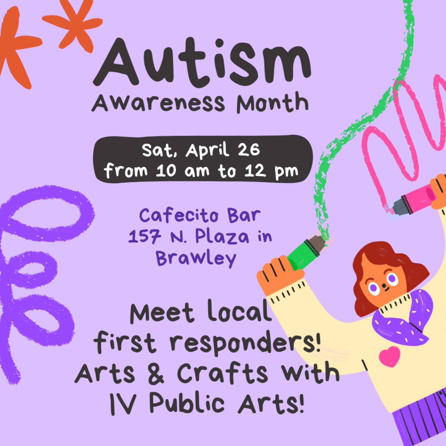 Join us this Saturday, April 26th, at Cafecito Bar in Brawley, 157 N. Plaza, to honor Autism Awareness Month.
Meet local responders and join the IV Public Arts booth for rock painting and other crafts! And take a selfie with our butterfly mural!
We love our community and are grateful for all volunteers putting this together!
Thank you @mariadominguez4402 and @cafecitobar23!
See you there!
#autismawareness
#autismacceptancemonth
#autismlove
#autismsupport
#artischange
#artfundraiser
#artforchange
#ArtMatters