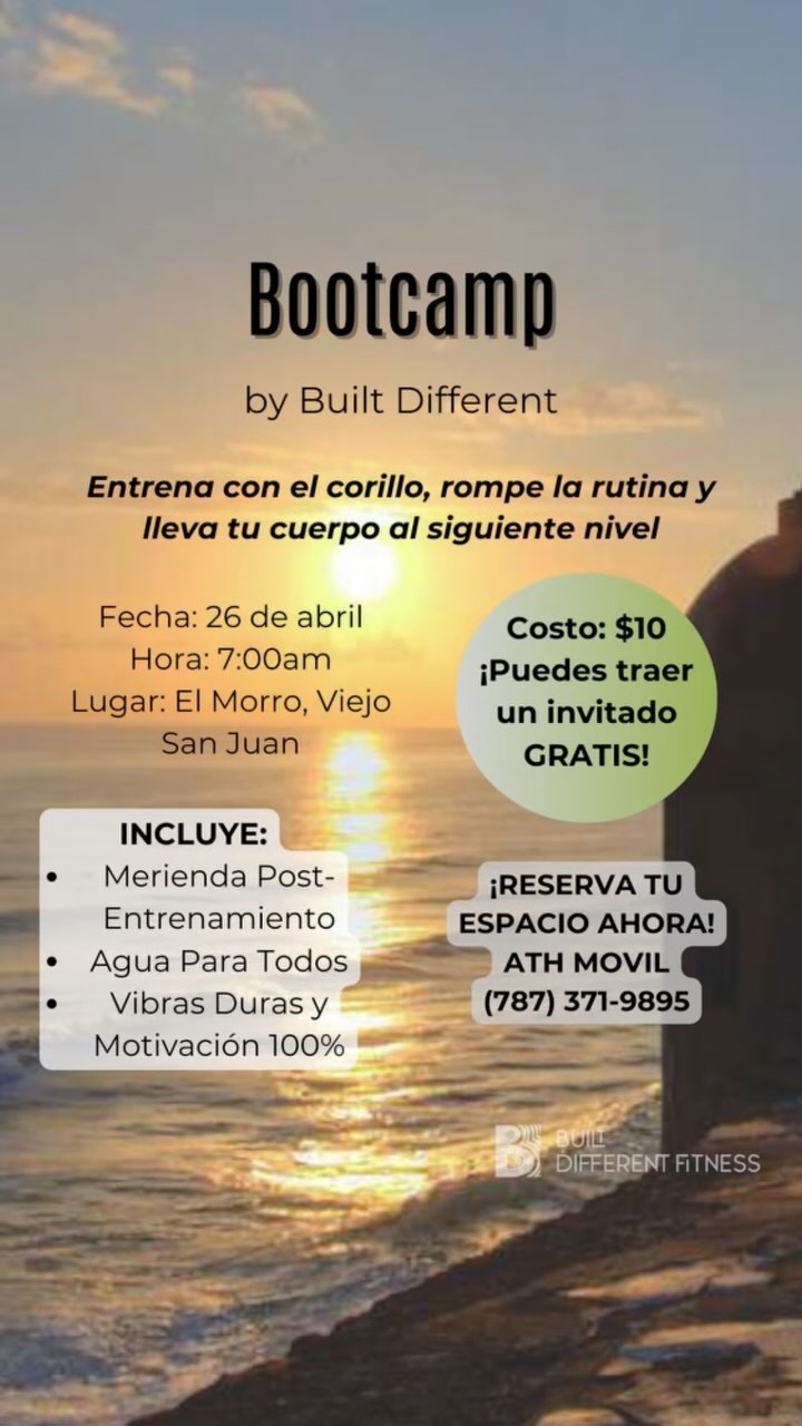 ¡BOOTCAMP EN EL MORRO!
Este 26 de abril a las 7AM nos vamos para el Viejo San Juan a romper con una rutina brutal frente al majestuoso Morro.
Ejercicio, buena vibra y una vista que te va a motivar a darlo TODO.
Cupo limitado — Reserva tu espacio enviando tu pago por ATH Móvil al 787-371-9895.
No te lo puedes perder… ¡Vamos con todo!