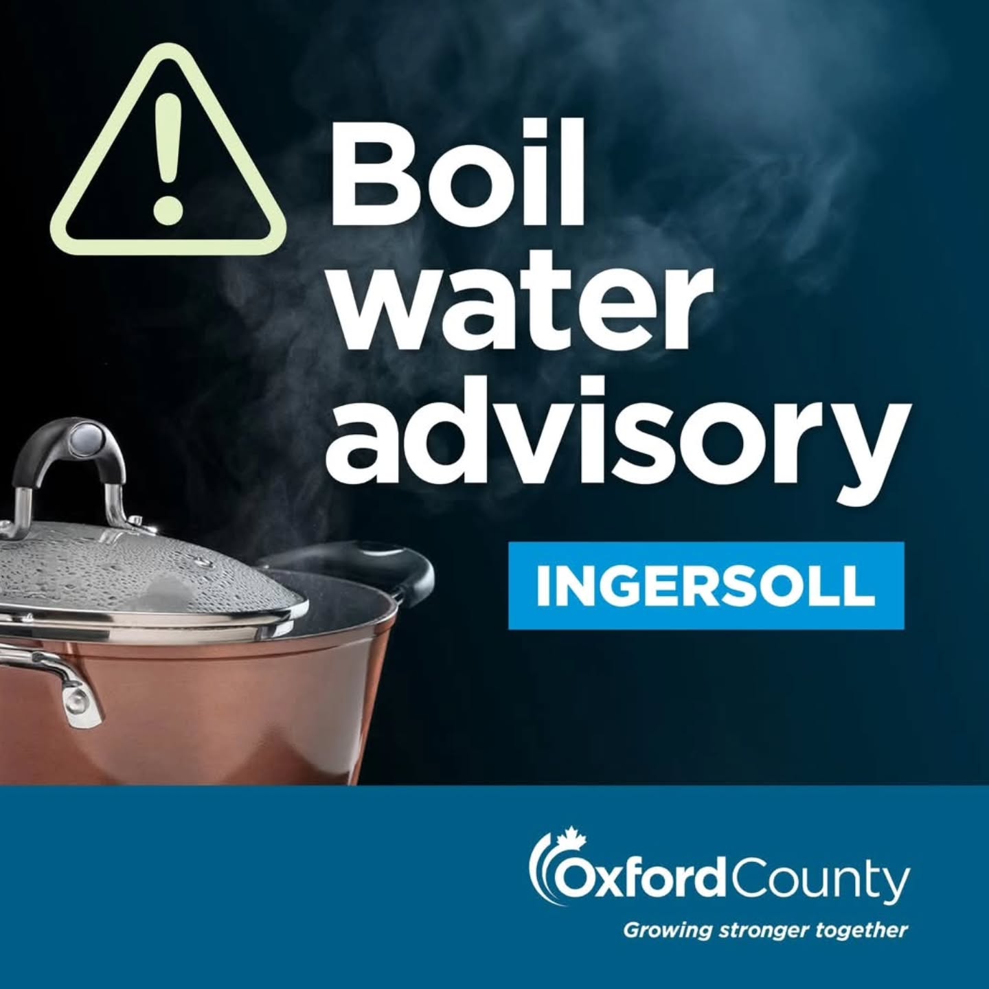 *INGERSOLL: Boil water advisory issued*
**Copied from the Oxford County Website.**
A boil water advisory has been issued by the Southwestern Public Health Medical Officer of Health for all residents connected to the municipal water supply in the Town of Ingersoll.
Until further notice, Public Health advises residents to boil their tap water or use bottled water for drinking, making infant formula or juice, cooking, making ice, washing fruits and vegetables, or brushing their teeth.
To use boiled water, Public Health recommends bringing water to a rolling boil for one minute then allowing it to cool. It may then be stored in clean containers.
This advisory is being issued as a precautionary measure after water sample results from two (2) of six (6) water treatment facilities in Ingersoll had microbiological lab results, indicating that the test was inconclusive for E. Coli and total coliform due to non-target bacterial overgrowth.
Oxford County investigates all instances of adverse water quality and has confirmed:
• Samples from all six (6) municipal wells in the Town of Ingersoll are free of E. coli and total coliform.
• All six (6) water samples from the distribution system were also free of E. coli and total coliform. All four (4) remaining water treatment facility samples results were free of E coli and total coliform.
• The distribution system has been flushed and there is adequate disinfection in the system.
• The two facilities in question have been placed out of service until two (2) sets of resamples have been taken 24 hours apart showing water is free from bacteria.
To read Public Health’s frequently asked questions about boil water advisories, visit https://www.swpublichealth.ca/community-health/environmental-health/drinking-water/boil-water-advisory-information/
If you have questions, please contact Public Health at 1-800-922-0096.