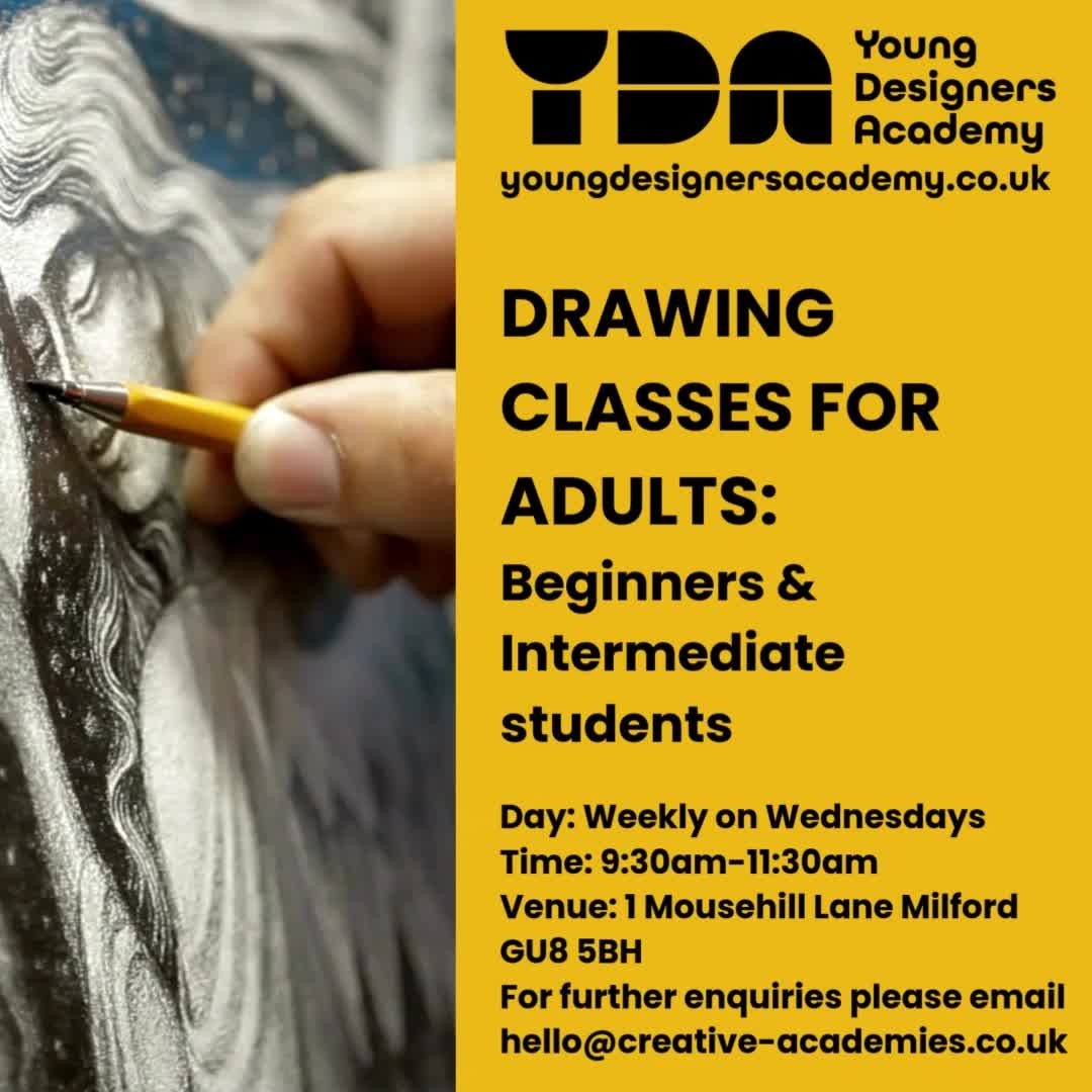 🎨✏️ **Adult Drawing Skills Class – Beginners & Intermediate** ✏️🎨
Unlock your creativity and develop your artistic skills in our **Drawing Skills Class**, perfect for both **beginners** and those with some experience looking to improve their techniques!
📅 **Day**: Weekly on **Wednesdays**
⏰ **Time**: 9:30 AM – 11:30 AM
📍 **Venue**: 1 Mousehill Lane, Milford, Surrey, GU8 5BH
What to Expect:
✨ Learn foundational drawing techniques
✨ Explore shading, perspective, and composition
✨ Progress at your own pace with guidance from experienced instructors
✨ Meet and connect with like-minded creatives in a welcoming environment
💌 **Got Questions?**
For further enquiries, feel free to email us at **hello@creative-academies.co.uk**.
Whether you’re just starting or looking to refine your skills, this class is a great way to grow your creativity and confidence in drawing.
👉 Join us and take the first step in your artistic journey!
#YoungDesigners #CreativeAcademy #CreativeAdults #DrawingSkills #ArtForEveryone #FutureDesigners #FutureArchitects