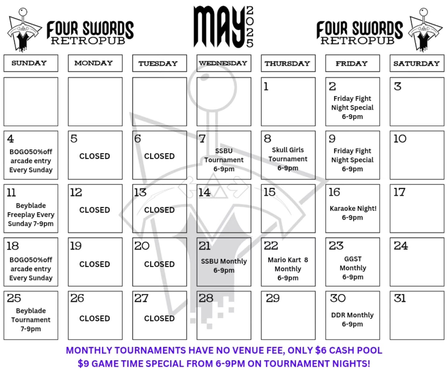 Happy May from all of us at FSR 🌞
New this month:
🎮 Skull Girls Tournament – May 8, 6–9PM
🎤 Karaoke Night – May 16, 6–9PM — come sing your heart out and welcome in this beautiful weather 🌱
Fan Favorites are BACK:
🔥 Friday Fight Night Specials (May 2 & 9), 6–9PM only $9 game time!
🌀 Beyblade Sundays — Freeplay Every Week, Tourney on May 25!
🕺 DDR Monthly – May 30, get ready to dance & practice your skills with friends 6-9pm only $9 to play!
Monthly tourneys (NO venue fee, just $6 cash pool):
⭐ SSBU – May 7 (no cash pool) & 21
⭐ Skull Girls – May 8
⭐ Mario Kart 8 – May 22
⭐ GGST – May 23
PLUS: $9 game time specials during tourneys (6–9PM)!
Tag a friend you want to come to the arcade with 🕹️
#FourSwordsRetropub #MarquetteMI #Arcade #SkullGirls #SmashBros #Beyblade #DDR #KaraokeNight #TravelMarquette