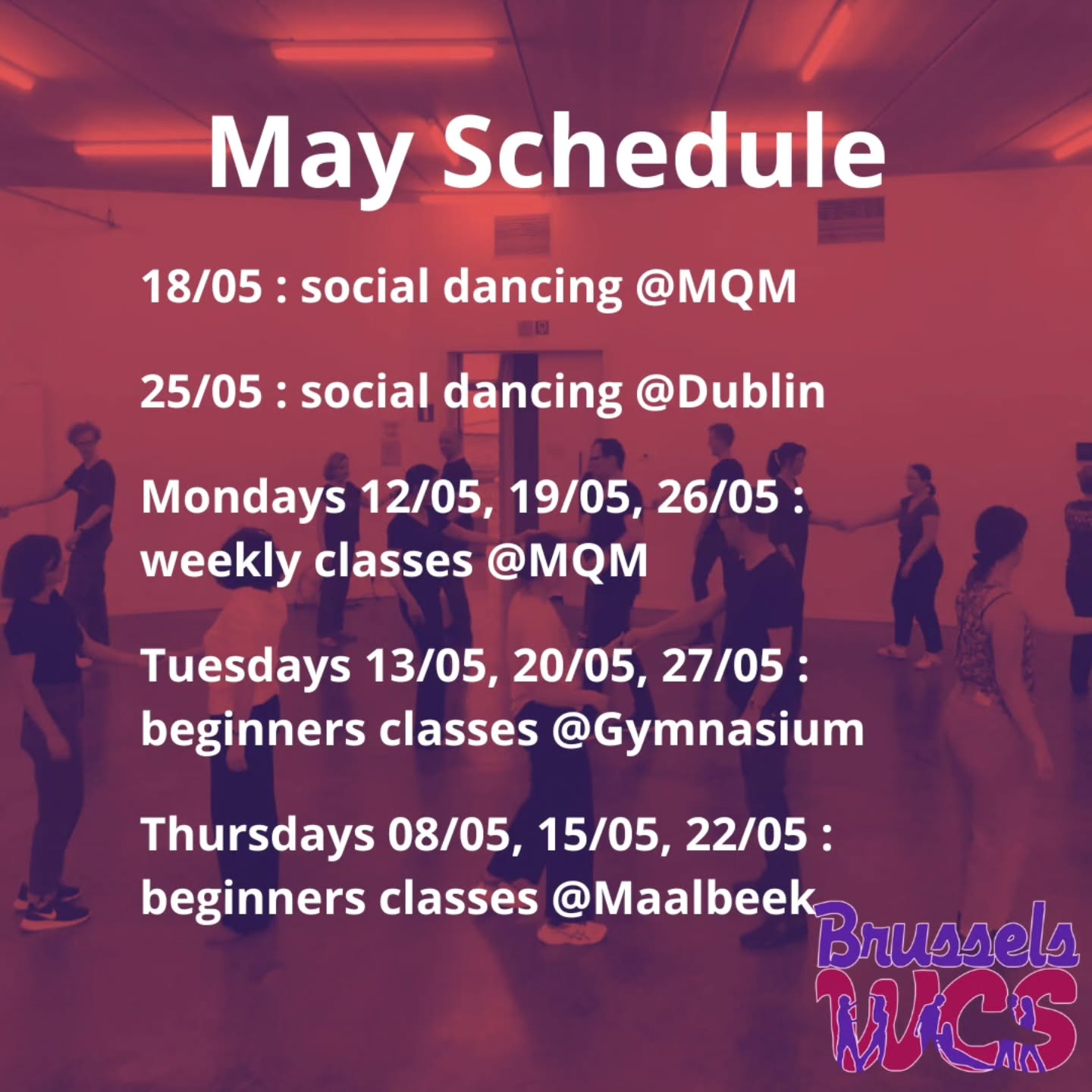 Here is our May schedule !
May is always tricky with the holidays, there won't be any classes on the 1rst, 5th, 6th and 29th.
Join us for socials on the 18th at MQM (salle a tout) and the 25th at Dublin 🪩
We will also have some occasions for drinks in May and June, stay tuned, we'll announce everything later. See you on the dancefloor!