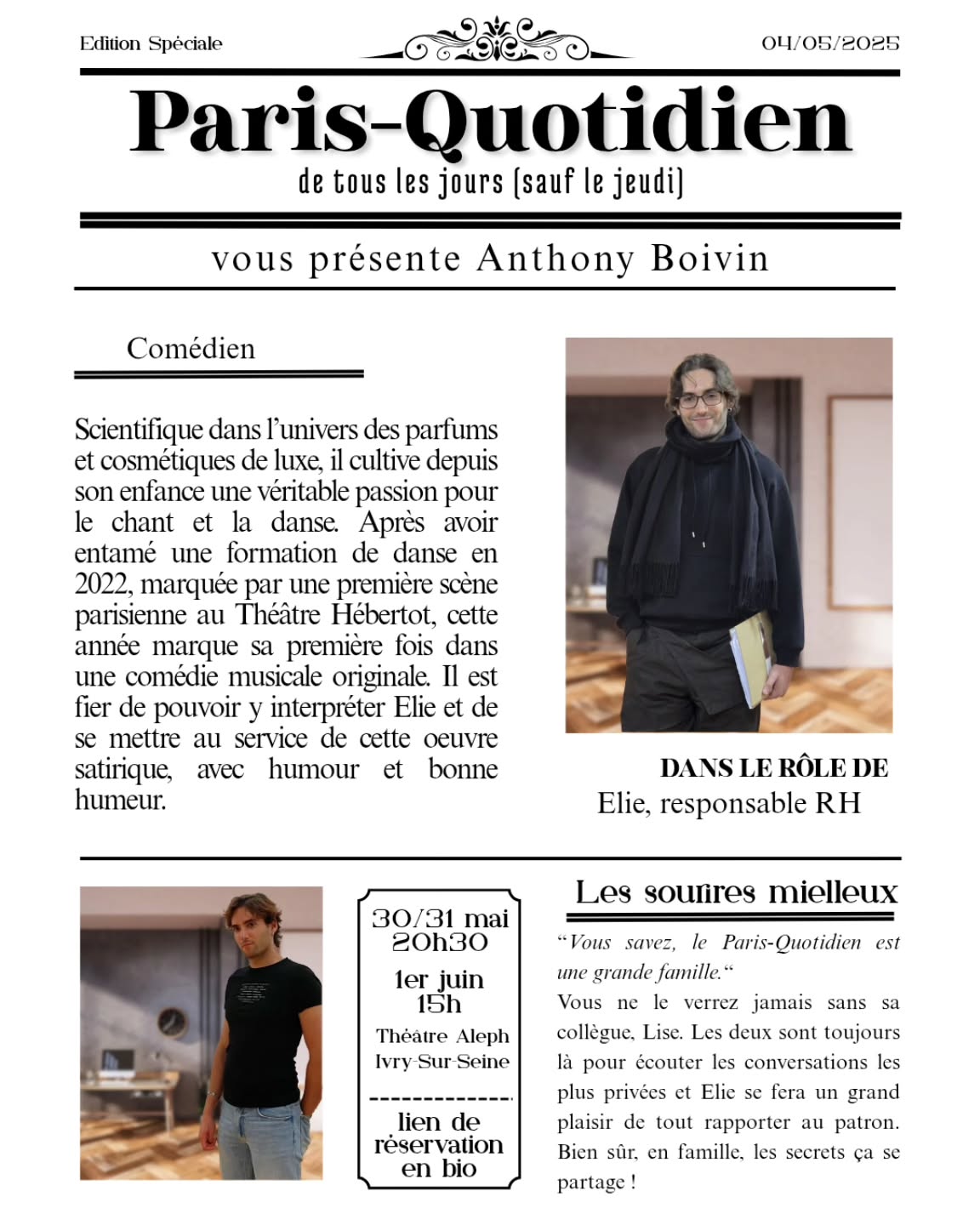 Au tour de @cybernewboy de se présenter !
Anthony toujours stylé et bienveillant qui incarne à merveille Elie, toujours stylé mais pas forcément bienveillant. Venez le découvrir lui et tous les autres sur scène, les 30, 31 mai et 1er juin !
#comédiemusicale #pulitzer #acteur #journal #spectacle