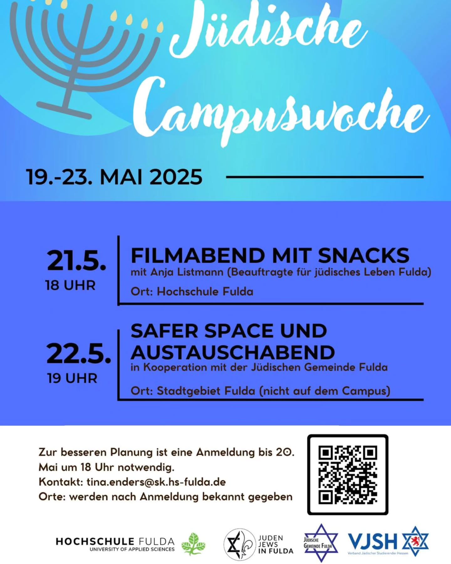 Veranstaltungshinweis: Auf Initiative des Verbandes Jüdischer Studierender Hessen (VJSH) werden an der Hochschule Fulda im Rahmen der JCW zwei Veranstaltungen angeboten. Filmabend mit Snacks Mittwoch, 21. Mai | 18:00 – 20:00 Uhr | Ort: Hochschule (Campus) Bei gemeinsam zubereiteten (auch koscheren) Snacks wird der bekannte Kurzfilm Mazel Tov Cocktail gezeigt. Zu Gast: Anja Listmann, Beauftragte für jüdisches Leben der Stadt Fulda. Alle Hochschulmitglieder sind herzlich eingeladen! Safer Space und Austauschraum Donnerstag, 22. Mai | 19:00 Uhr | Ort: Stadtgebiet Fulda (nicht auf dem Campus) Ein geschützter Raum zum Austausch und zur Begegnung für jüdische Hochschulangehörige und Hochschulangehörige mit jüdischer Familiengeschichte. In Kooperation mit der Jüdischen Gemeinde Fulda. Für beide Veranstaltungen ist eine Anmeldung erforderlich, bitte per Mail an tina.enders(at)sk.hs-fulda.de