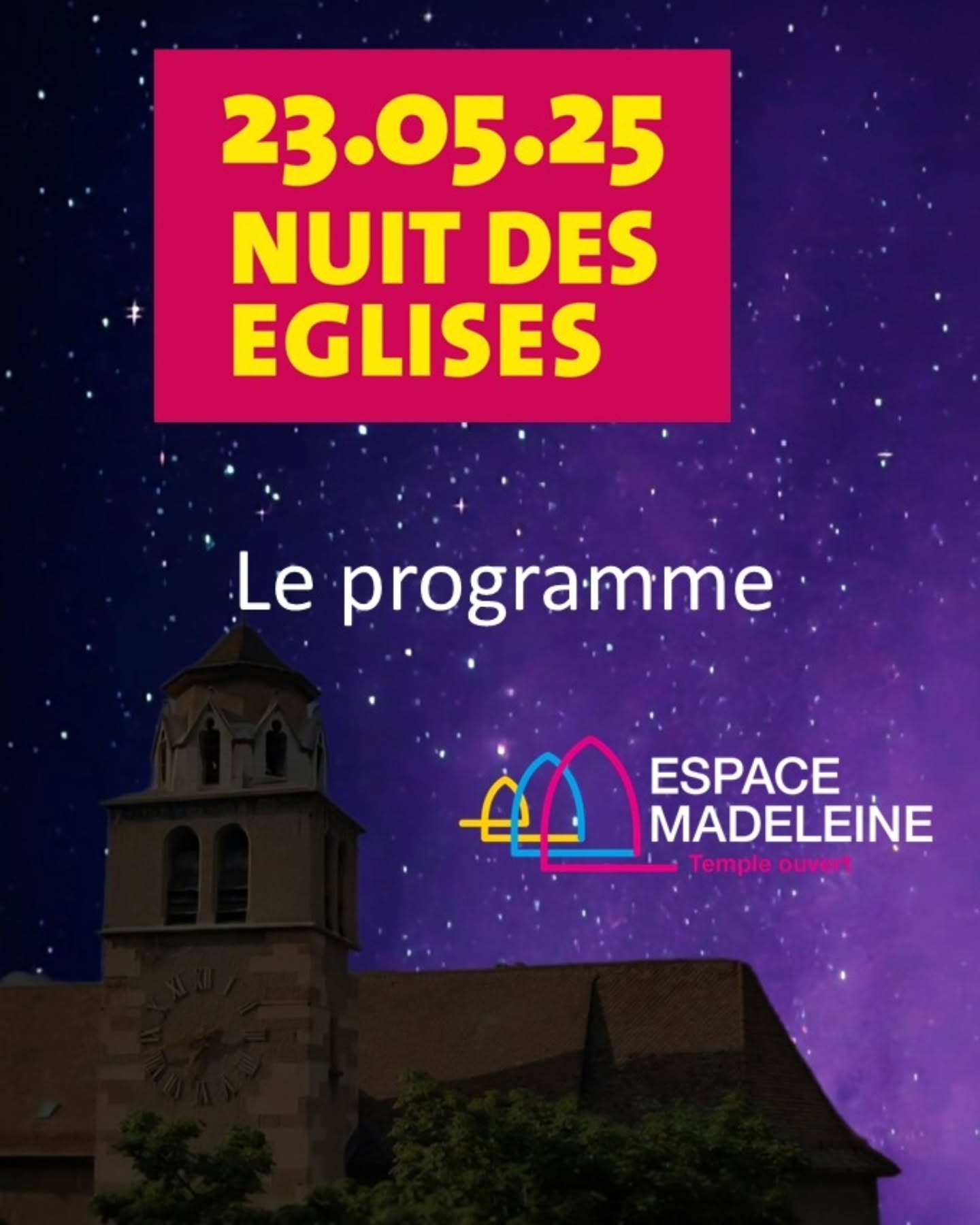 17h00 – 23h00 | Corps et Âme – Animations en continu ludiques, culturelles, interactives et portives.
La Nuit des Églises 2025 à l'Espace Madeleine s'annonce comme un événement festif autour du thème "Corps et Âme". Plusieurs animations ludiques, interactives, et même sportives, seront proposées aux visiteurs par l’équipe qui anime le lieu tout au long de l’année et qui y a créé un espace de rencontre et d’échange. Jeux, musique, visites du site archéologique, informations historiques, repos...Il y en aura pour tous les goûts. Le bar à café, comme toujours animé par nos bénévoles, sera également un point de partage majeur, offrant des mocktails élaborés pour l'occasion. La Nuit du 23 mai promet d’expérimenter une belle fusion de culture, de spiritualité et de convivialité au Temple de la Madeleine.
Animations ponctuelle
19h00 – 19h30 | Concert d’orgue d’Arthur Saunier
19h30 – 20h00 | Mini-visite du site archéologique
20h30 – 21h00 | Mini-visite du site archéologique
21h30 – 22h00 | Mini-visite du site archéologique
20h00 – 20h30 | Pilates sur chaise
21h00 – 21h30 | Pilates sur chaise
22h00 – 22h30 | Pilates sur chaise
#nuitsdeseglises #musique #archéologie #pilates #eglisesettourisme #egliseouverte #citychurch #offenekirche #espacemadeleine #templedelamadeleine #geneve #temple #œcuménique #protestant #reformée #epggeneve #genfreformiert #musique #archéologie #pilates #eglisesettourisme