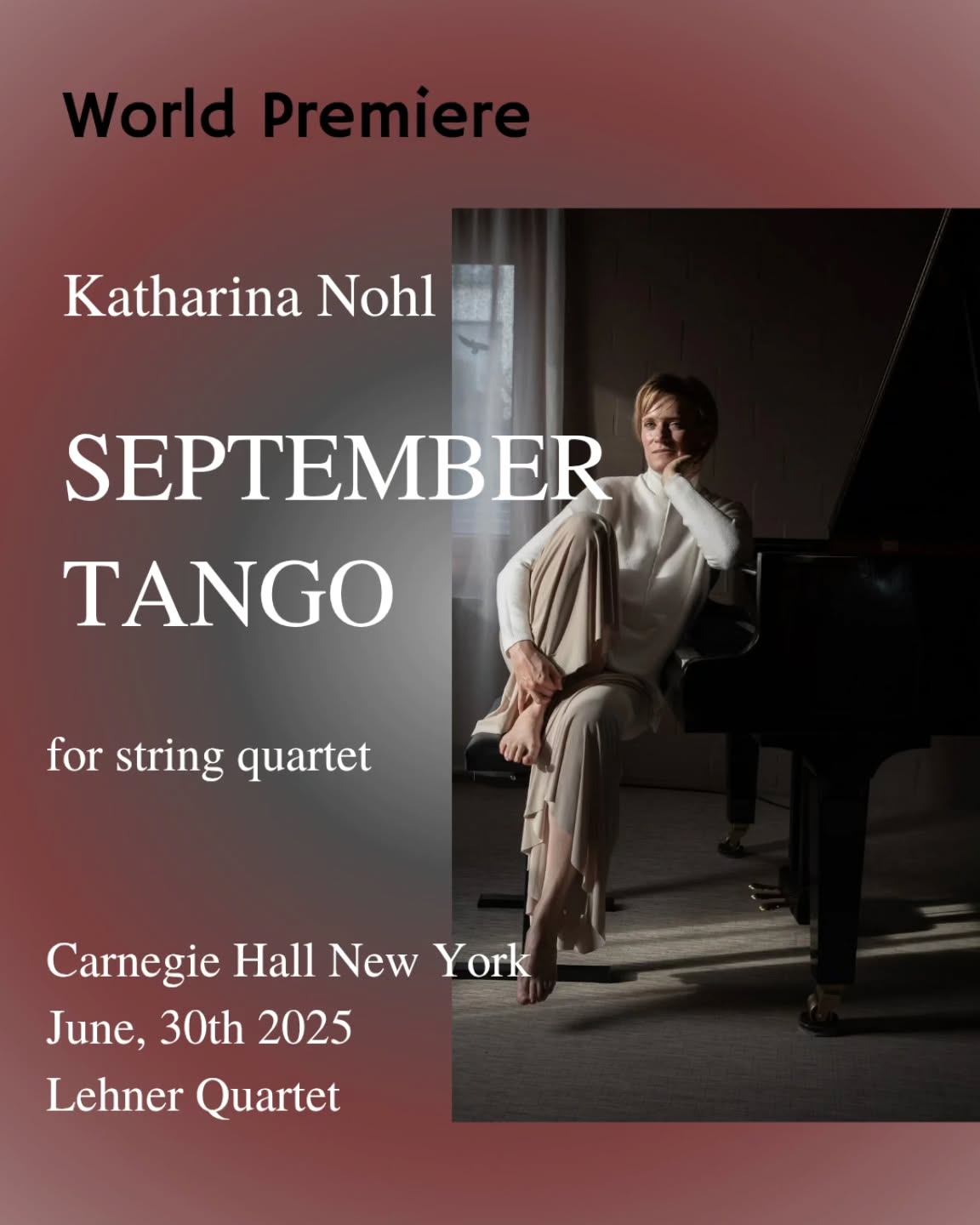 My next world premiere also in New York Carnegie Hall will be on June 30th.
September Tango - after I started this tango more than a year ago, I finished it now, ready for New York.
For some time, I wanted to write a tango.
I must admit it didn't come very easy and shifted parts back and forth, knowing I had it all, but the order wasn't fitting the music storyline.
That's when you need time to digest and rethink.
My rethinking is usually when I go away and take a break. Scotland is a wonderful place for me to clear my head.
So after Scotland, I finished it and I am very happy and ever so excited hearing it being performed and recorded soon in New York by the Lehner Quartet.
Score soon available with @universaledition