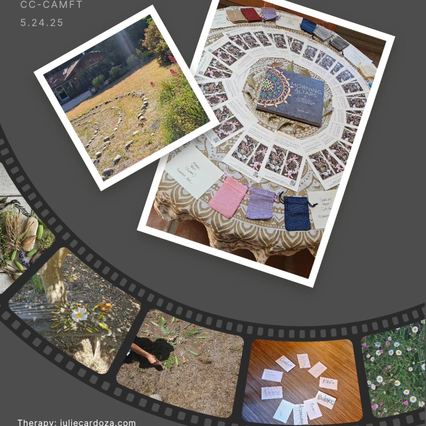 Elemental Renewal – 5.24.25
Hosted with Central Coast CAMFT
What a gift to hold space for fellow therapists, supervisors, and healing professionals—those who so often hold space for everyone else.
We gathered not to do, but to be.
To listen. To create. To remember our own needs for rest, ritual, and renewal.
Together, we walked the land, built nature mandalas, and gently explored the thresholds of burnout, purpose, and presence. And in return, we received the co-regulation of nature—steady, spacious, and quietly generous.
Thank you to those who showed up with open hearts. May you carry a bit more light into the season ahead.
🌱 Learn more at heartscapesllc.com and juliecardoza.com
#ElementalRenewal #CentralCoastCAMFT #TherapistsWhoRest #HoldingSpaceForHealers #CoRegulationWithNature #MorningAltars #CreativeRestoration #PolyvagalPractice #NatureAsCoTherapist #JulieCardoza #HeartscapesLLC #MandalasInNature