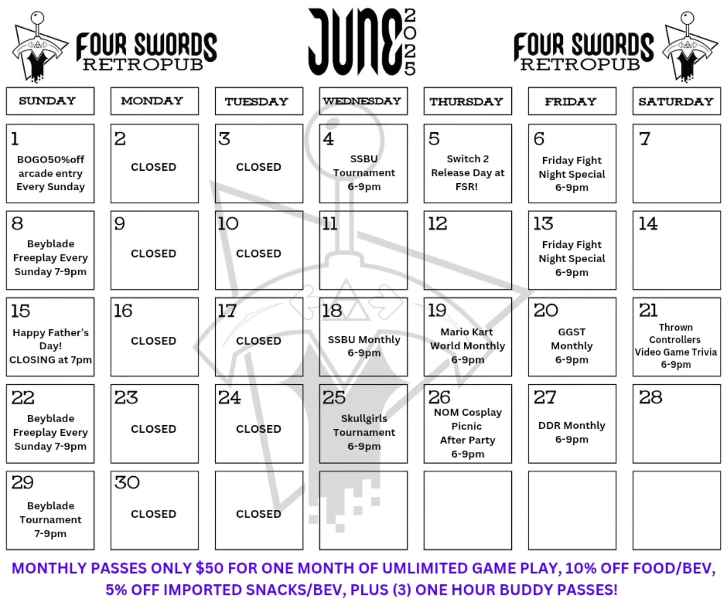 🌼 HAPPY JUNE 🌞
🎮 June 5 - Switch 2 Release Day Announcement!
We’re getting the Nintendo Switch 2 on release day, and it’ll be available to play right here at the arcade!
🧔♂️ June 15 - Father's Day at FSR
We're closing at 7pm, but Dads play FREE all day! Bring your pops for a nostalgic gaming day out.
🏁 June 19 - FIRST EVER Mario Kart World Monthly (6–9pm)
Celebrate the Switch 2 with our very first Mario Kart World Tournament — race for glory and bragging rights!
🧠 June 21 - NEW EVENT! Thrown Controllers: Video Game Trivia (6–9pm)
Test your gamer knowledge in this all-new video game trivia night! Prizes, laughs, and epic questions await.
🧙♂️ June 26 - NOM Cosplay Picnic After Party (6–9pm)
Walk from the Nerds of Marquette picnic down to FSR in your cosplay and get 10% off your entire purchase!
Plus: Game Time Special – unlimited gameplay for 3 hours for just $9!