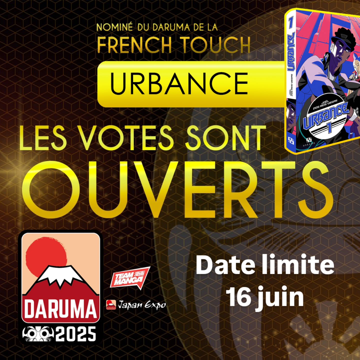 BREAKING NEWS!
Urbance a été nominé pour le prix Daruma french touch 2025. Je n'y croyais pas, pour moi ce que je fais est tellement à part que je manque de recul. Plus que ravi de faire partie de cette sélection auprès d'autres oeuvres incroyables. Si vous aimez Urbance et que vous voulez soutenir pour décrocher le prix, cliquez sur le lien ci-dessous, créez un compte rqpido et votez, avant le 16 juin! URBAAAAAAANCE!!!
https://www.mangacollec.com/poll_questions/93c58f79-7e36-4c32-b684-46d5a75b1f9d
Urbance has been nominated for the Daruma French Touch 2025 Award. I couldn't believe it; for me, what I do is so specific that I lack of objectivity. I'm more than thrilled to be part of this selection alongside other incredible titles. If you like Urbance and want to support it to win the award, click the link below, quicly create annaccount and vote, before June 16th! URBAAAAAAANCE!!!
@ankama_editions @japanexpo_fr #daruma2025 #japanexpodaruma #urbance #urbancemanga #award #darumaawards #artoninstagram #wow #ankama