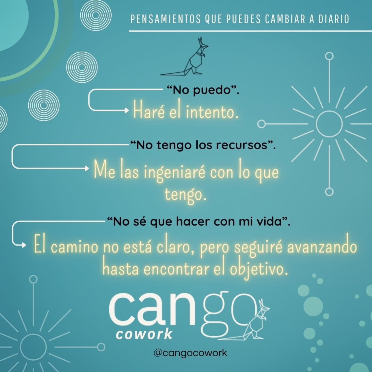 Hola Coworkers🙋🏻♂️🙋♀️
¿Qué es lo que te inspira día a día?
¿Cuál es el motivo que te empuja a continuar con tus sueños?
¿Cómo buscas maneras de mirar la vida con optimismo?🤔
No son respuestas; ni acciones fáciles.
Pero queremos contagiarte un poquito con formas de cambiar el enfoque de tus pensamientos cuando todo se pone gris y sin salida.🌪️😮💨🌪️⛈️
Estos pensamientos negativos nos detienen y nublan el camino y nos pueden llevar a desistir de una idea, sueño o proyecto.🤯
¡No todo está perdido! Solo tienes que hacer una pausa, respirar con tranquilidad y darle una vuelta a ese pensamiento negativo y mirarlo como una oportunidad! ... Nadie más que tú puedes poner el límite y el stop a tus sueños! Las alternativas de solución están, no te sabotees por un instante de oscuridad... Acepta el desafío y resuelve el problema.
Es la única manera de pasar el obstáculo.
Busquemos ser más propensos a construir, que destruir...que no nos gane la ansiedad.
Tienes más enfoques positivos con los que puedas aportarnos?
Nos encantaría leerte 😊👀
Te deseamos un gran fin de semana largo, aprovecha de descansar y pasarlo bien!
Comienza el invierno, come sopaipillas con tu familia, amigos, un buen vinito! Disfruta! A eso vinimos a la vida.
Nos leemos la próxima semana! 😉✌️