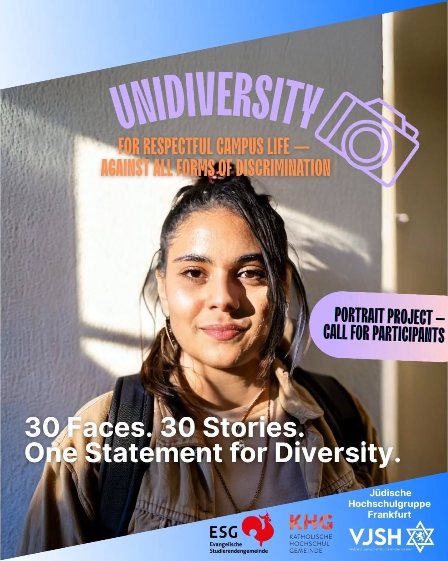 We’re shining a light on discrimination and making solidarity visible. ✨
30 Faces of Diversity
📸 30 students of different faiths, nationalities & backgrounds
🗣️ Personal quotes on “Respect & Togetherness”
🏛️ Exhibited across campus (lecture halls, foyers)
🗓️ Apply: June 18 – July 25, 2025
📸 Photo Sessions: August 11–15, 2025 or individually until August 15
Led by Frankfurt-based photographer Rafael Herlich, a renowned photograph. Ready to show your face in the name of diversity? Link in bio to apply! 🤝
#30FacesOfDiversity #SolidarityInSight #SayNoToDiscrimination #CampusTogetherness
