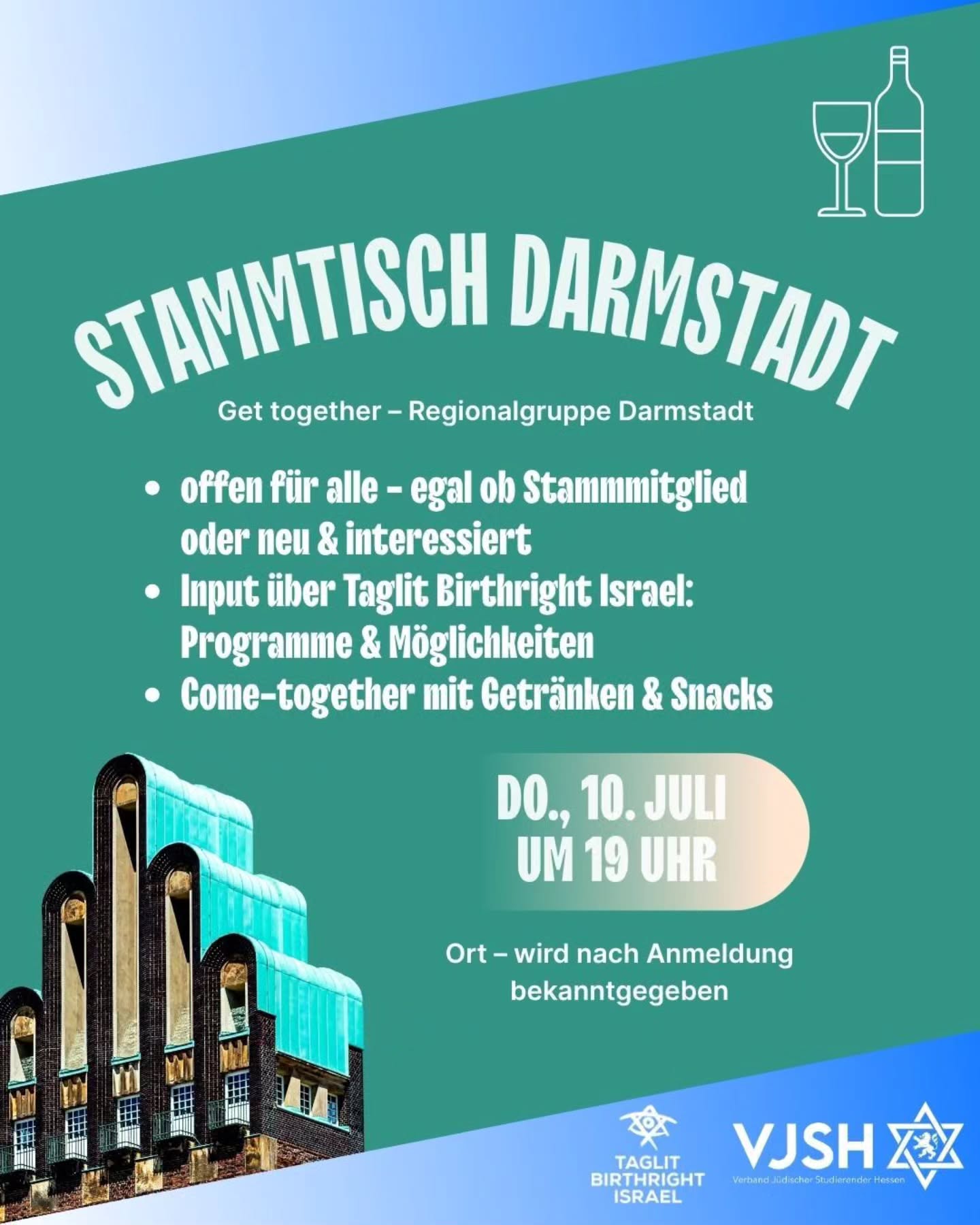VJSH Stammtisch – Vernetzt. Informiert. Engagiert.
📅 Datum: 10.07.2025
🕖 Uhrzeit: 19:00 Uhr
📍 Ort: Darmstadt (genauer Ort wird nach erfolgreicher Anmeldung bekannt gegeben)
Kurzvorstellung
Der VJSH Stammtisch ist dein monatlicher Treffpunkt für alle Mitglieder und Interessierte des Verbands Jüdischer Studierender. In lockerer Atmosphäre schafft er Raum für transparente Einblicke in unsere Projekte, lebendige Diskussionen und ungezwungenes Networking – und stärkt dabei unsere gemeinsame jüdische Identität.
Was dich erwartet
• Bericht & Rückschau: Wir informieren über Erfolge, Herausforderungen und Highlights des vergangenen Monats.
• Ausblick & Impulse: Gemeinsame Planung anstehender Projekte.
• Offene Fragerunde: Deine Themen und Anliegen im direkten Austausch mit uns.
• Socialising & Vernetzung: Gemeinsames Essen, Spiele und entspannte Gespräche bis in den Abend – die Drinks gehen auf uns!
Special Feature
In Kooperation mit Taglit Germany geben wir euch außerdem einen spannenden Einblick in deren Programme und Möglichkeiten – perfekt für alle, die Israel (neu) entdecken möchten!
Warum dabei sein?
• Mitgestalten: Werde Teil der Verbandsarbeit und bring dich aktiv ein.
• Informiert bleiben: Bleibe up-to-date zu allen laufenden und geplanten Aktionen.
• Vernetzen: Knüpfe neue Kontakte und stärke das Gemeinschaftsgefühl.
• Wohlfühlort: Ein sicherer, vertraulicher Rahmen für Austausch unter Gleichgesinnten.
Sei dabei – wir freuen uns auf dich!