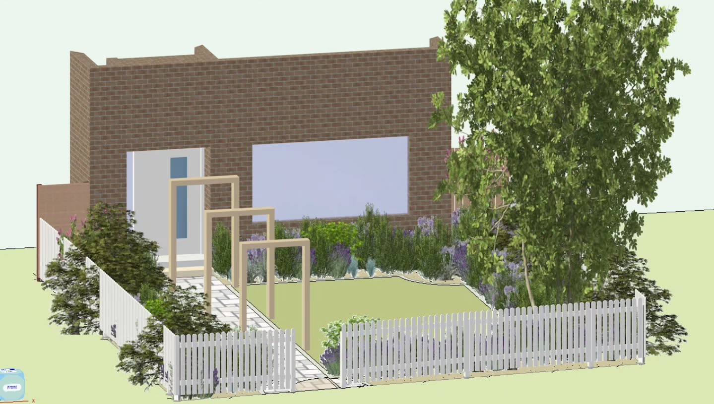 Some rapid fire 3D visuals put together for this front garden. Simple, Tidy and striking
A colourful sunny planting display of lavenders, euphorbias, salvias, verbenas, alliums, nepeta... to name a few, will really bring this entrance way to life! supported by wooden arches for a better height balance in tandem with the beautiful established magnolia tree, the neighbours will be jealous!💫🌿🌞