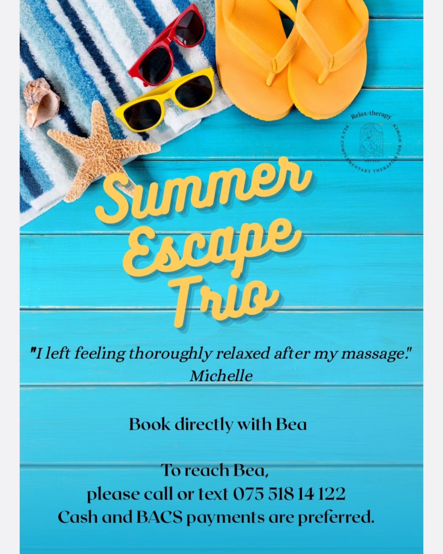 🌻LAST TWO DAYS 🌻
Invest now and your Summer is sorted. Best offer of the season.
Call or text Bea on 075 518 14 122 and secure your slot.
#massage #reflexology #pregnancymassage #facialtreatment #grinding #clenching #tension #relax #purley #massagetherapist #massageinpurley #southcroydon