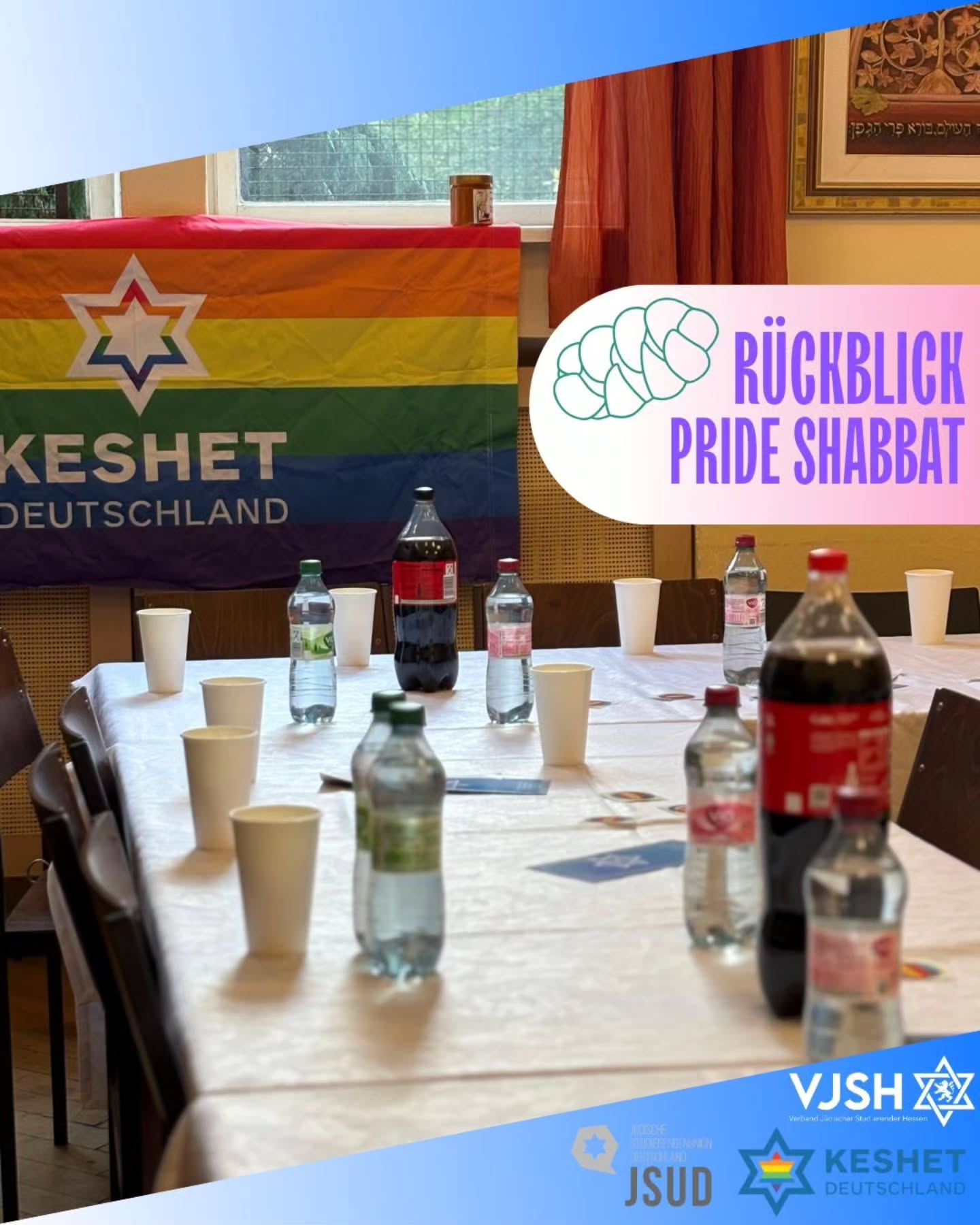 Vielfalt ist eines der Kernwerte des VJSH. Umso erfreulicher war es für uns, gemeinsam mit Keshet Rhein-Main einen Pride Shabbat zu organisieren, um die Sichtbarkeit der jüdischen queeren Community zu fördern. 🏳️🌈
Wir hatten ein gesamtes Shabbat-Gebet mit über 23 Jews and allies – und danach einen gemeinsamen Kiddush und Essen. 🍷🍽️
Der VJSH bleibt ein Ort der Vielfalt und der Solidarität! ✡️🤝“