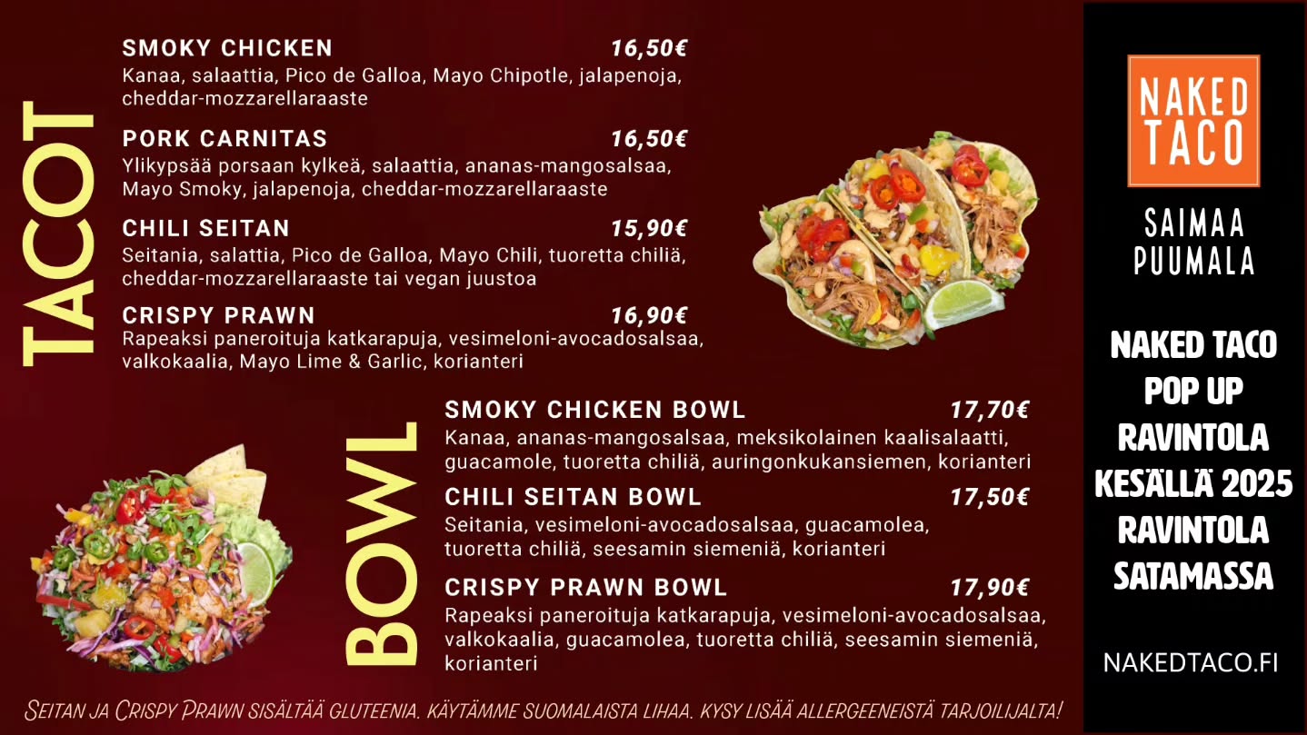 Avattu uusi Naked Taco Pop up Saimaa! Valikoituja Taco ja Bowl annoksia saatavilla koko kesän. Suosittu Taco Buffa MA-LA klo 11-15
Ravintola Satama, Puumala. @satamaravintola