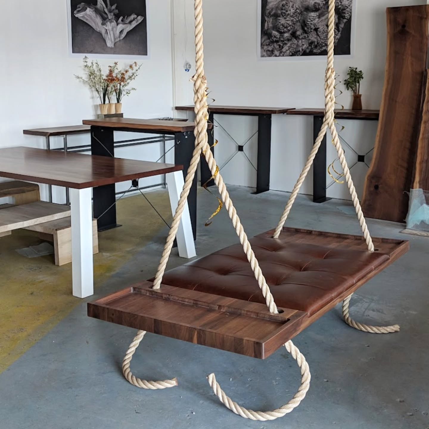 Once upon a time we made these walnut and leather swings for a huge office space. We also fabricated conference tables, desks, community tables, consoles and work stations. Long story short (and no fault of our own) we had to reclaim a couple of these pieces at the end of the project. 😬
.
We turned one into a bench (slide 2) and have three still in swing form longing for a space big enough to live their best life.
.
Could this be you?
.
Routed solid walnut, Italian leather cushions, custom ropes.
.
.
#interiordesign #customfurniture #walnut #woodworking #upholsteredfurniture #workspacedesign #furnituredesign #customdesign #customfurniture #indoorswing #customswing