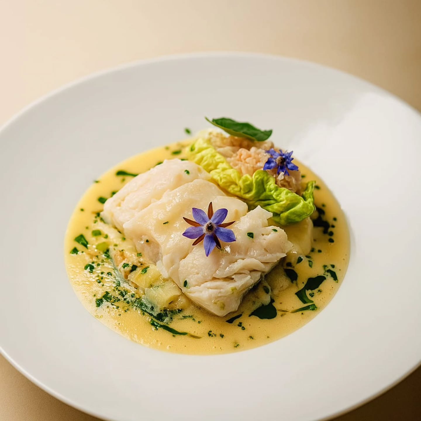 Poached cod, Dorset crab, beurre blanc x