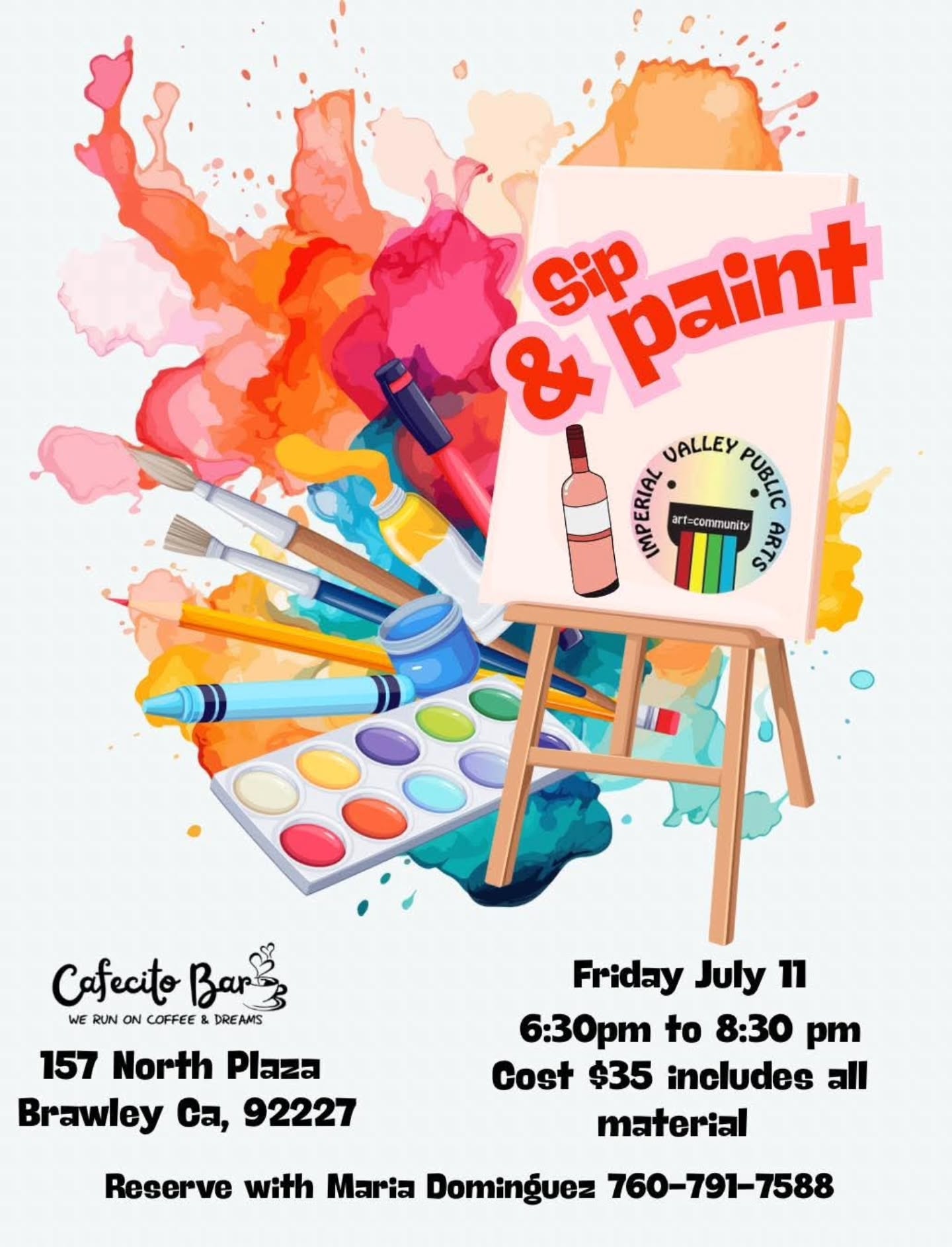 Did you know that the quail is the California state bird?
A small, round bird with a front-curving plume on its head. Majestic, sophisticated, and beautiful!
Join us on Friday, July 11, from.6.30-8.30pm for a guided step-by-step painting workshop, while you enjoy a drink of wine while you create!
RSVP now by texting 760-791-7588, to reserve your spot! ALL LEVELS!
Don't miss this relaxed paint-and-sip night at Cafecito Bar!
#californiaquail
#california
#brawley
#paintandsip
#creatememories
#communitylove
#imperialvalleymurals
#imperialvalley
#imperialvalleyart
#audubonsociety
#northamericanbirds