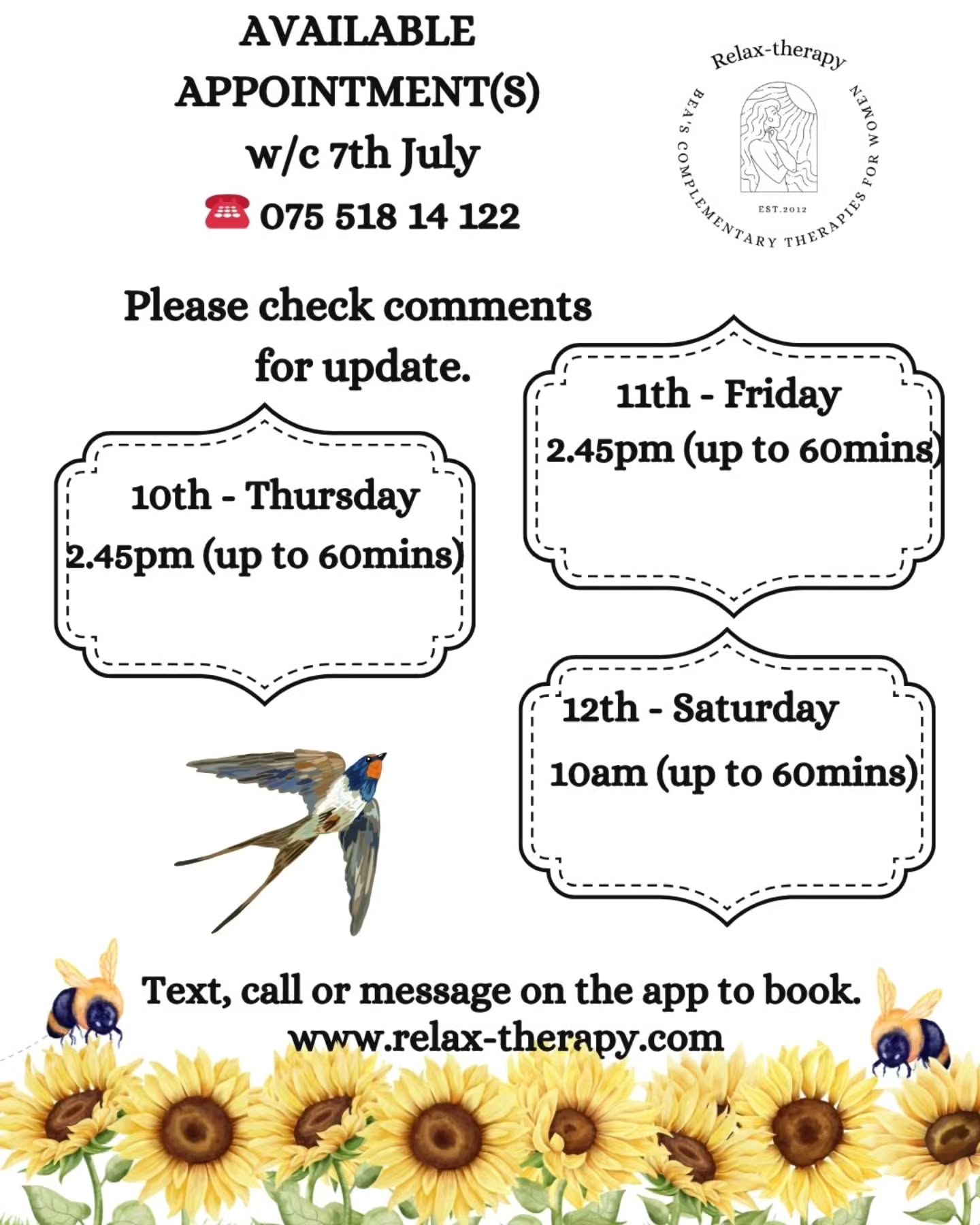 Before, after or instead your holiday come and relax at Relax-therapy.
🙌 Massages
👣 Reflexology
🤰Pregnancy treatments
👶 Baby massage
👩🦳Silver Tuesday
👧👱Kids,Teens &Young adult treatments
Call or text on 075 518 14 122 and let's secure your well-deserved 'Me Time'
#massagetherapy #massageinpurley
#reflexology #pregnancymassage #babymassages #purleymums #purley #southcroydon #coulsdon #croydon